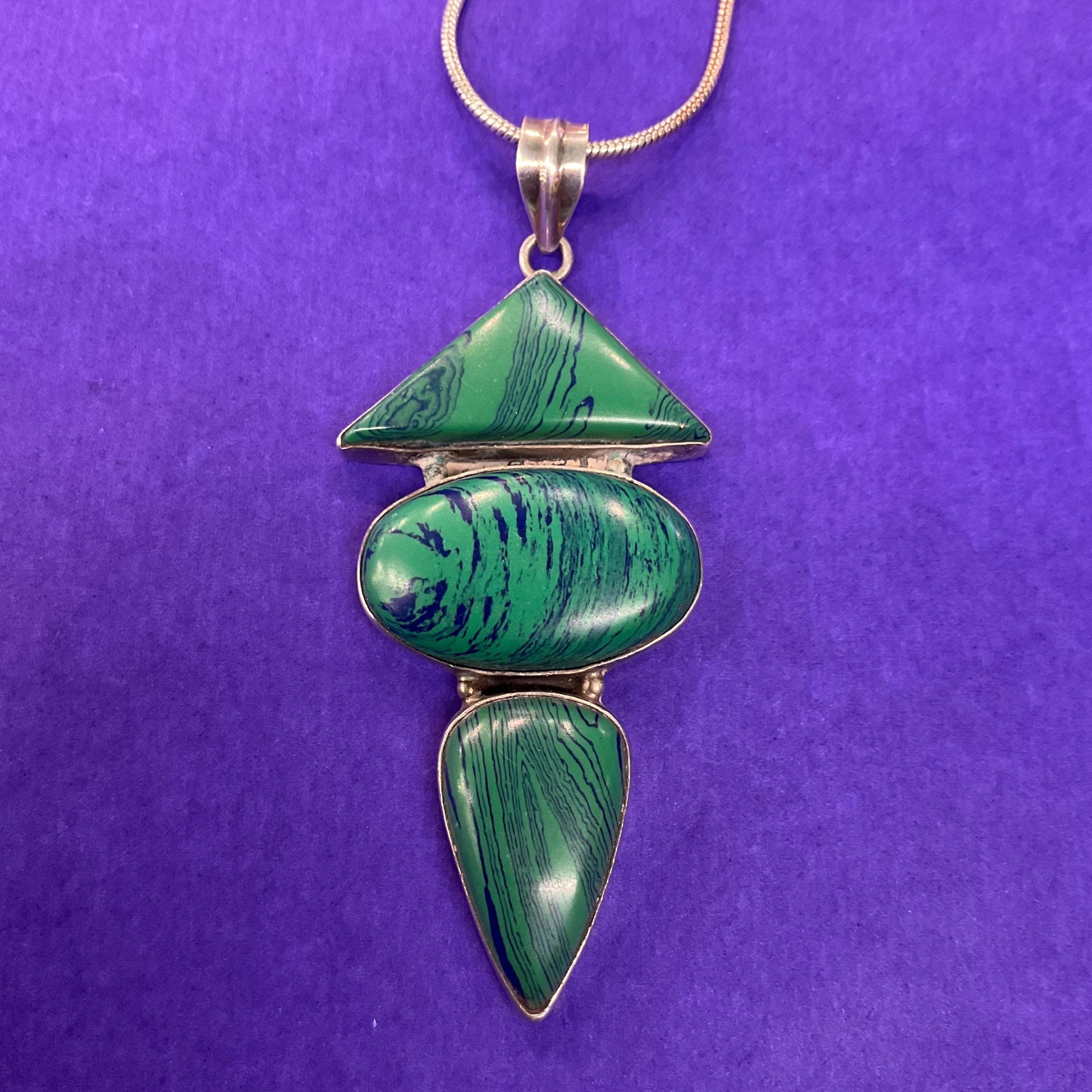Vintage Art Deco Inspired Artisan Geometric Silver and Malachite Large Pendant , Hand Made