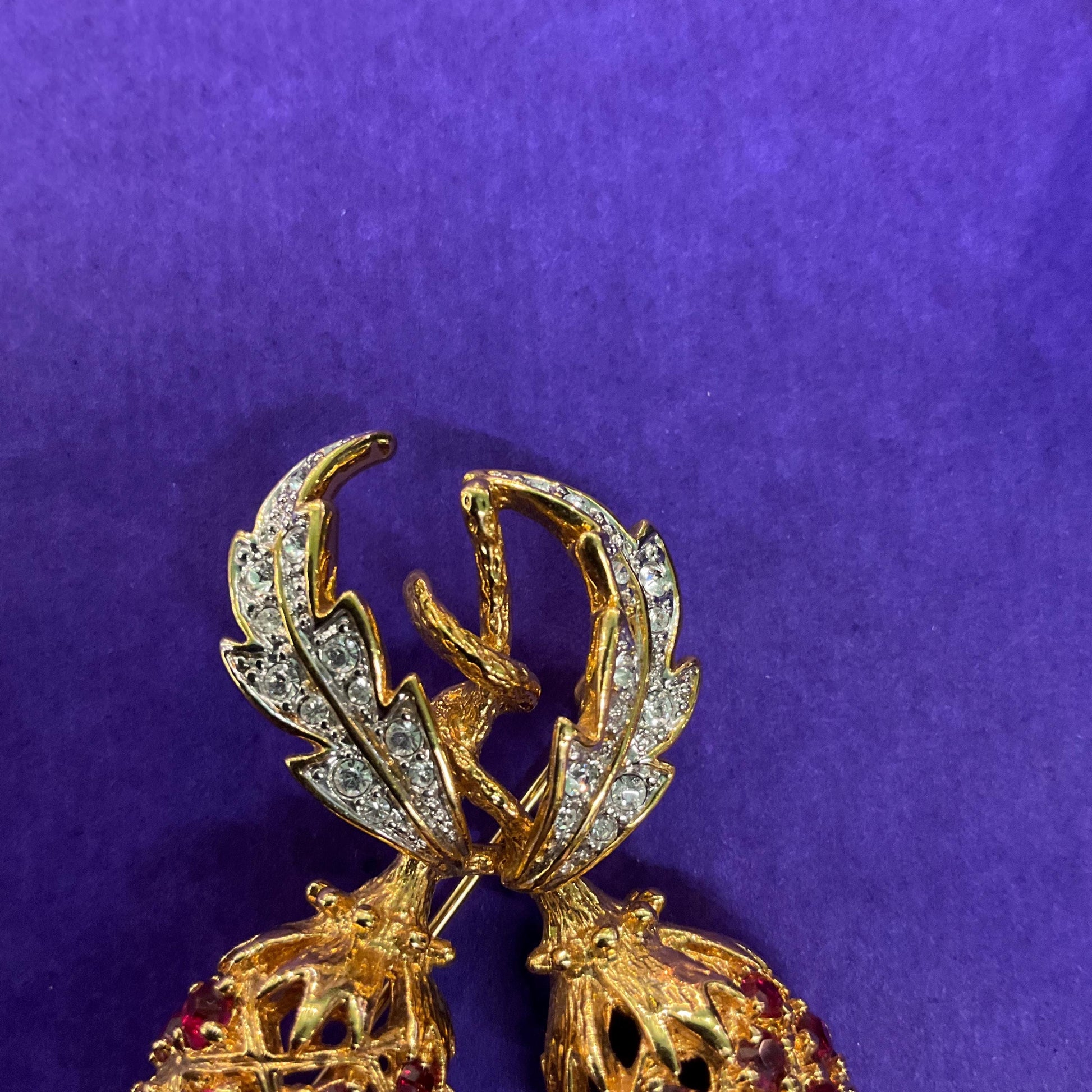 Vintage 1990s Camrose & Kross Jacqueline Kennedy Red Berries Brooch, Gold Plated with Faux Rubies and Silver Crystals