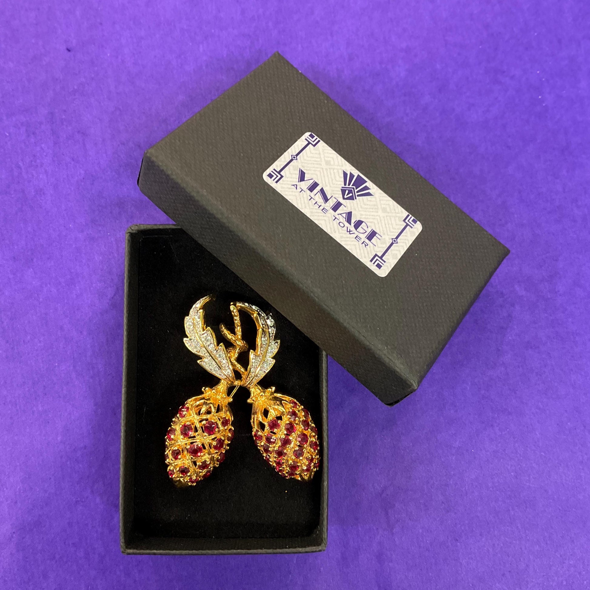 Vintage 1990s Camrose & Kross Jacqueline Kennedy Red Berries Brooch, Gold Plated with Faux Rubies and Silver Crystals
