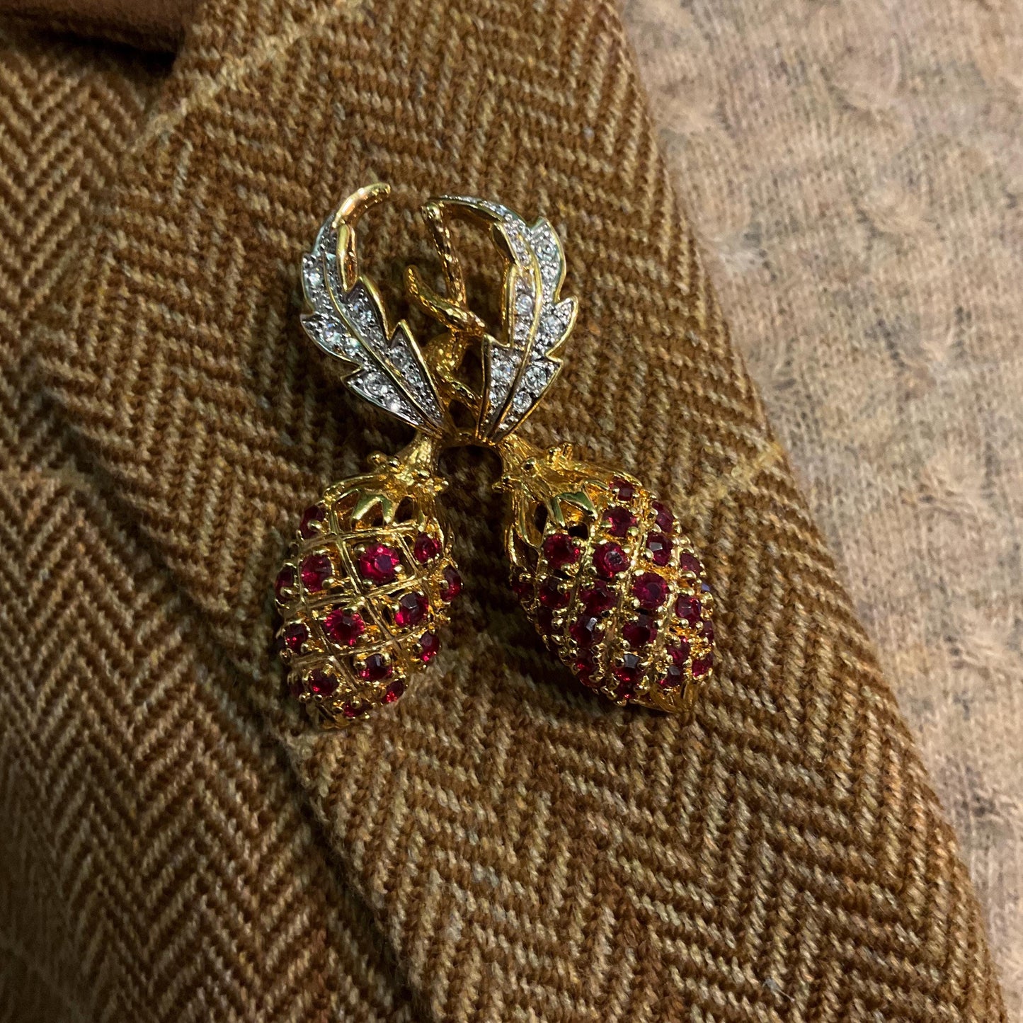 Vintage 1990s Camrose & Kross Jacqueline Kennedy Red Berries Brooch, Gold Plated with Faux Rubies and Silver Crystals