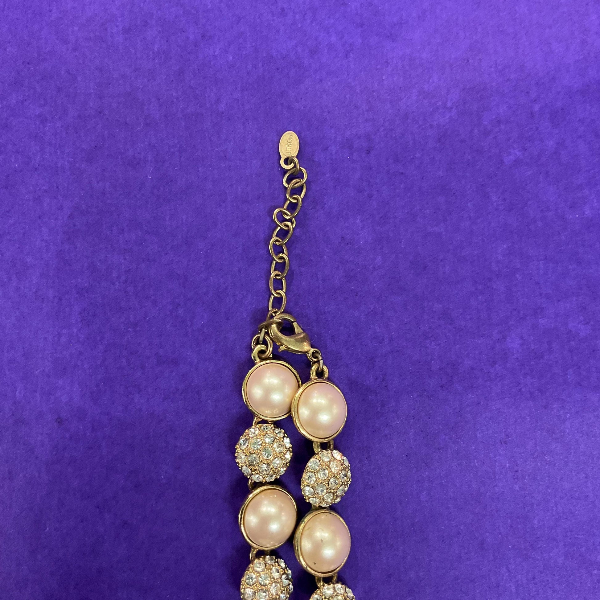 Vintage 1980s Monet Faux Pearl and Crystal Statement Necklace, Gold Tone with Silver Rhinestones