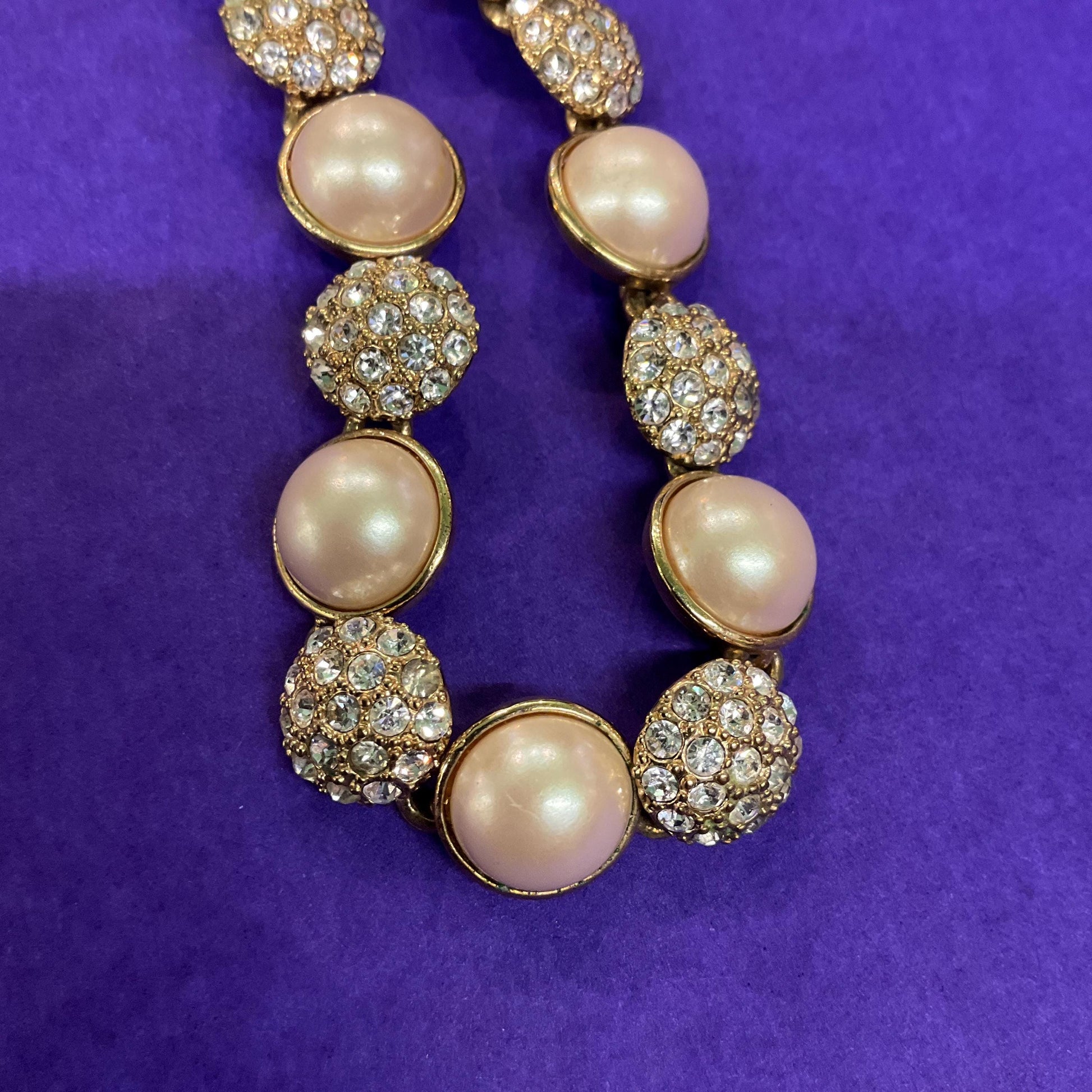 Vintage 1980s Monet Faux Pearl and Crystal Statement Necklace, Gold Tone with Silver Rhinestones
