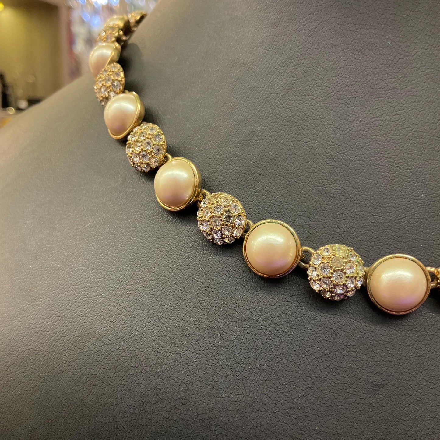 Vintage 1980s Monet Faux Pearl and Crystal Statement Necklace, Gold Tone with Silver Rhinestones