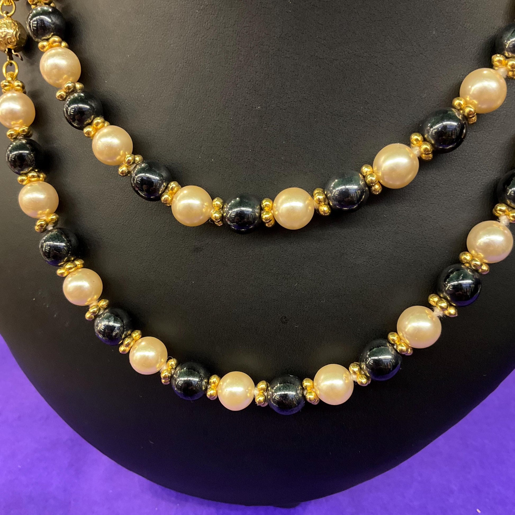 Vintage 1980s Hematite and Faux Pearl Opera Length Beaded Necklace