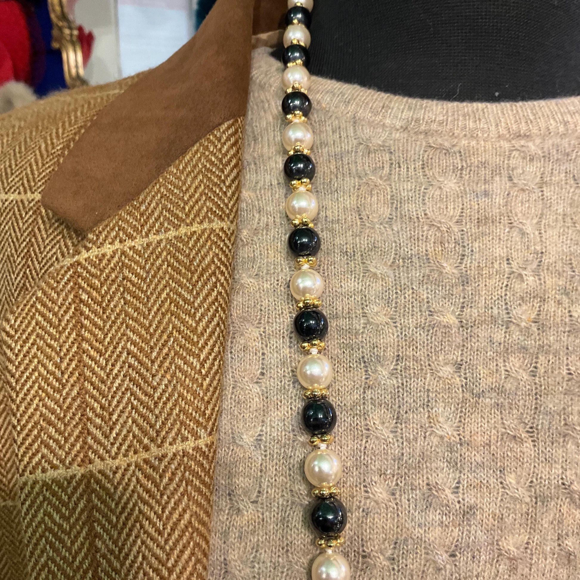 Vintage 1980s Hematite and Faux Pearl Opera Length Beaded Necklace
