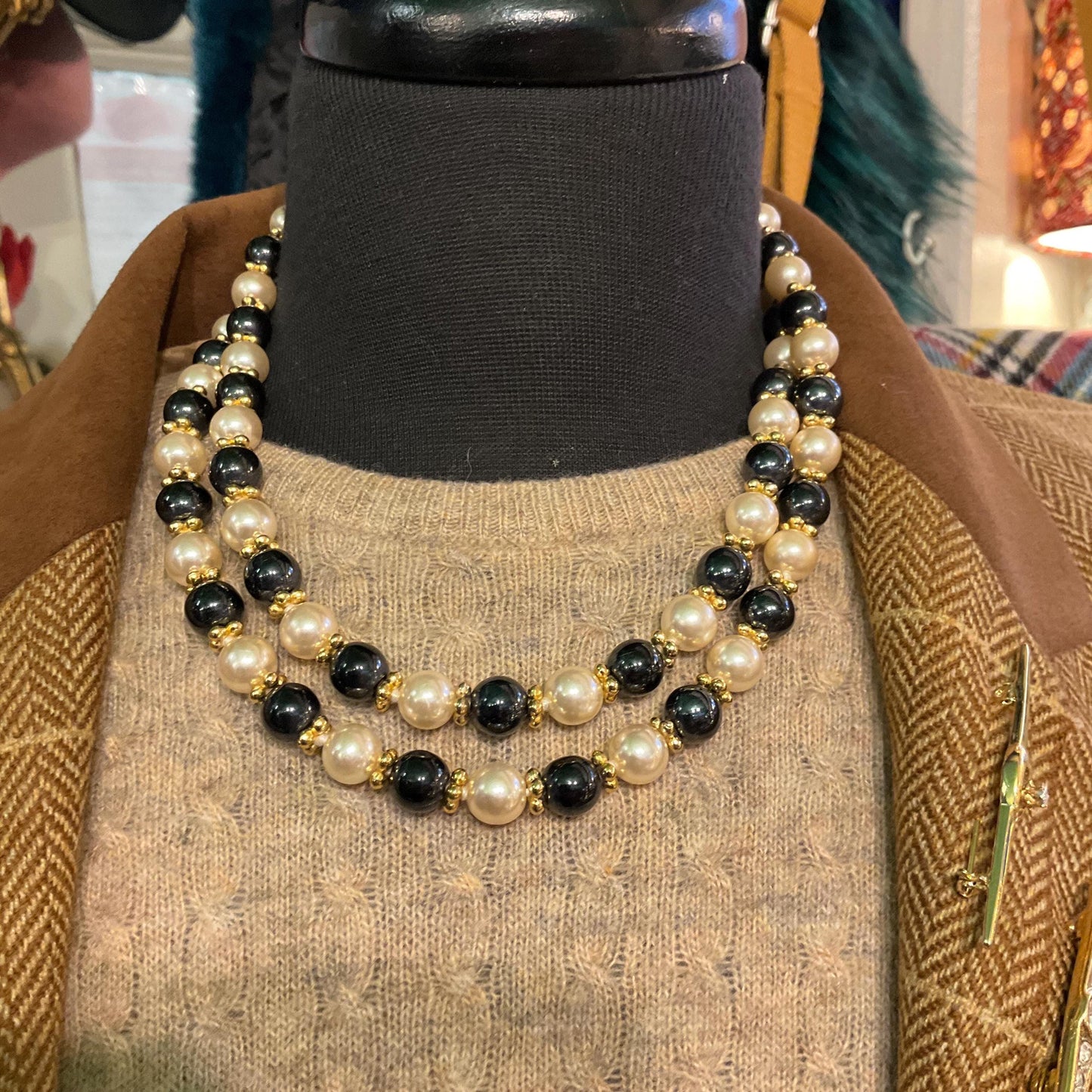 Vintage 1980s Hematite and Faux Pearl Opera Length Beaded Necklace