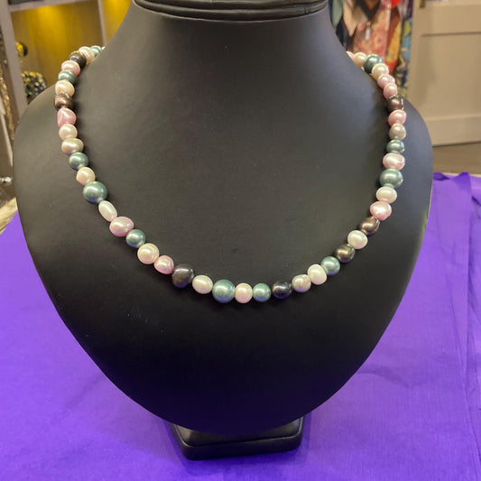Vintage Freash Water and Cultured Pearl Necklace, Ivory , Pretty Pastel and Metallic Organic Beads