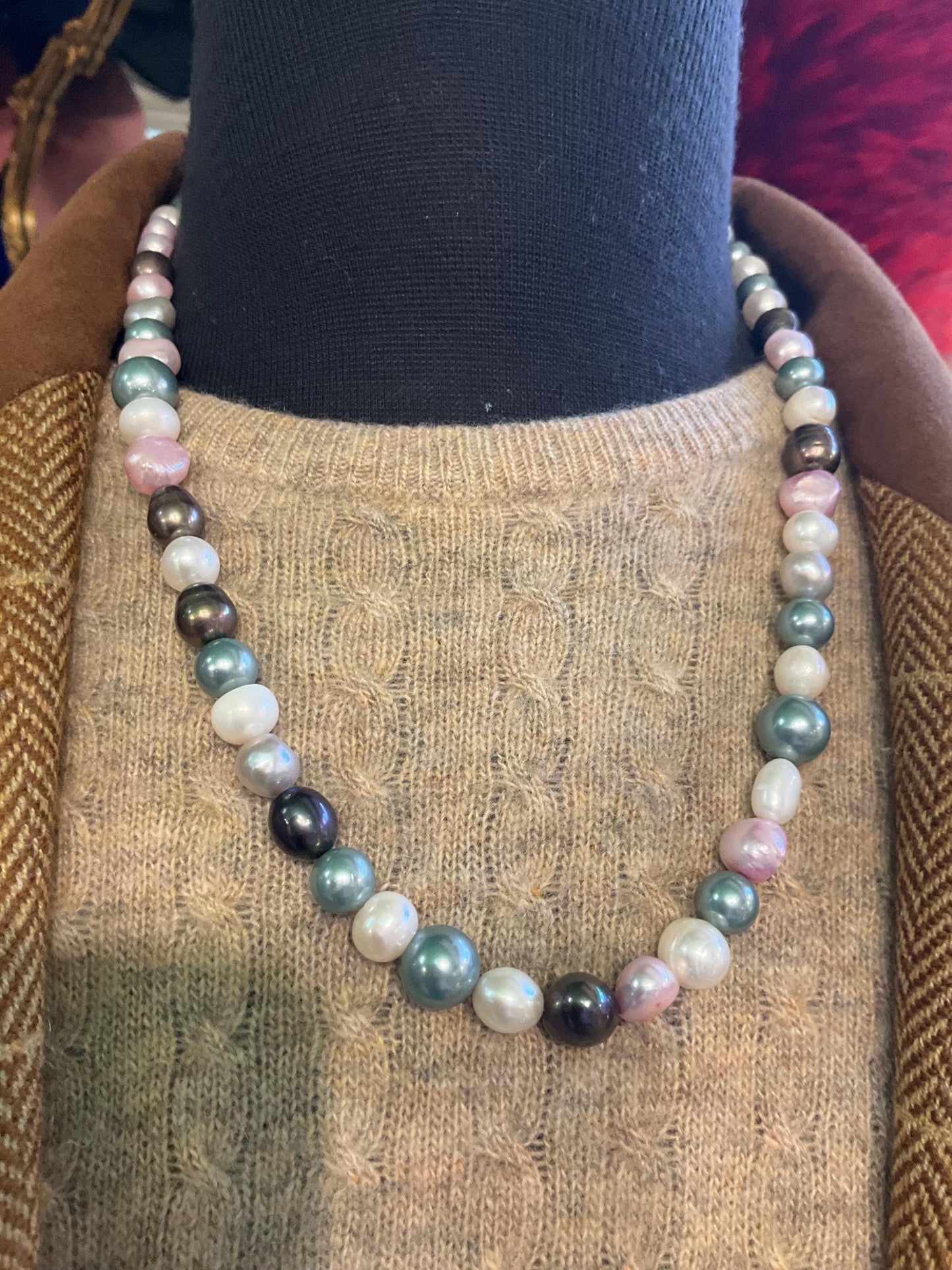 Vintage Freash Water and Cultured Pearl Necklace, Ivory , Pretty Pastel and Metallic Organic Beads