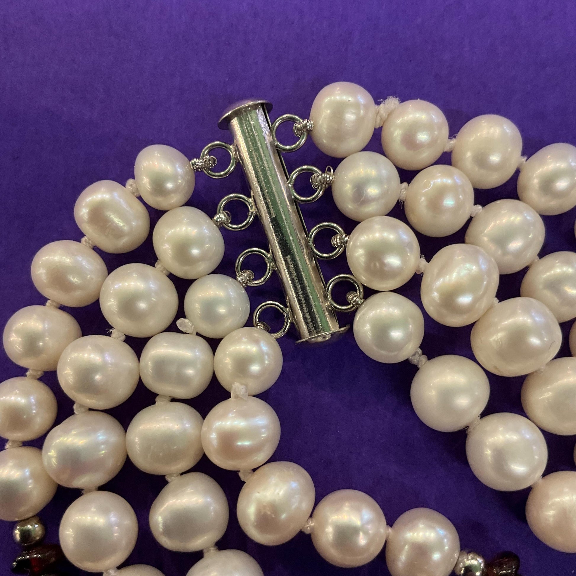 Vintage Ivory Fresh Water And Garnet Multistrand Beaded Necklace, hand knotted organic pearls