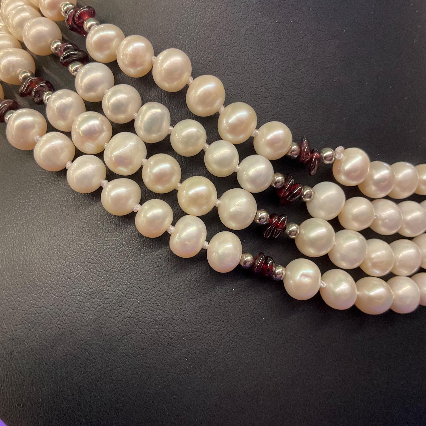Vintage Ivory Fresh Water And Garnet Multistrand Beaded Necklace, hand knotted organic pearls