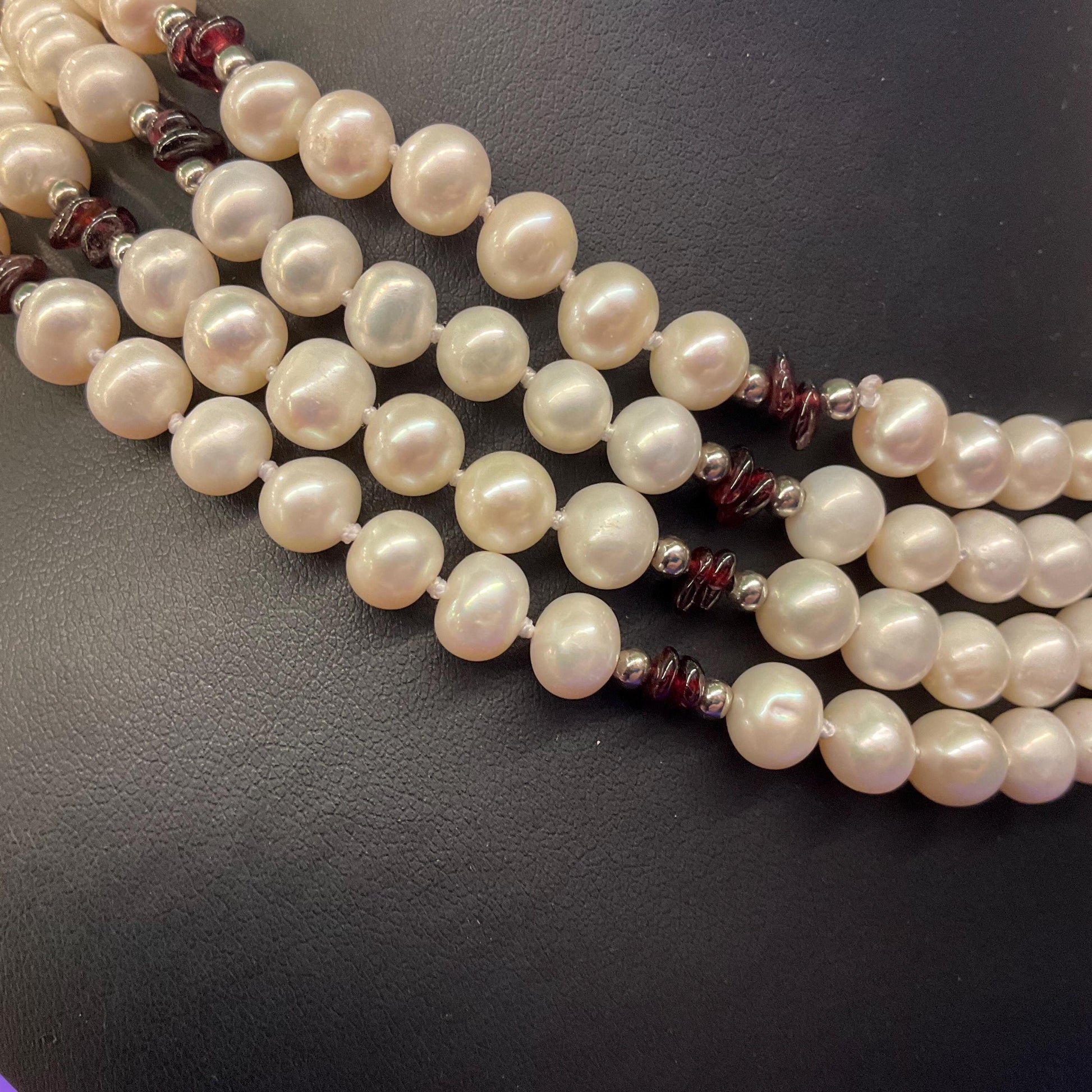 Vintage Ivory Fresh Water And Garnet Multistrand Beaded Necklace, hand knotted organic pearls