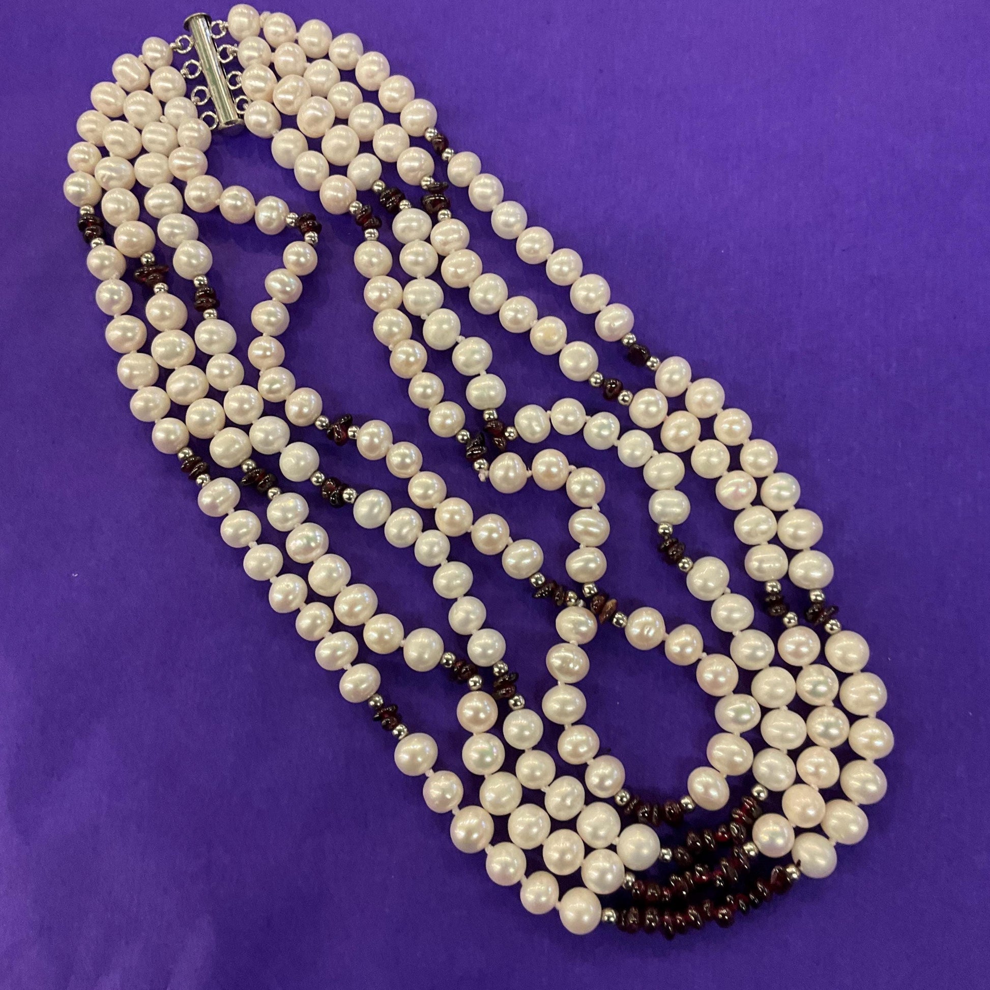 Vintage Ivory Fresh Water And Garnet Multistrand Beaded Necklace, hand knotted organic pearls