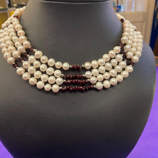 Vintage Ivory Fresh Water And Garnet Multistrand Beaded Necklace, hand knotted organic pearls