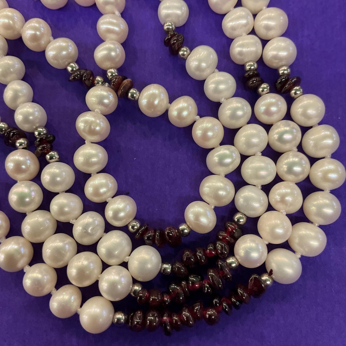 Vintage Ivory Fresh Water And Garnet Multistrand Beaded Necklace, hand knotted organic pearls