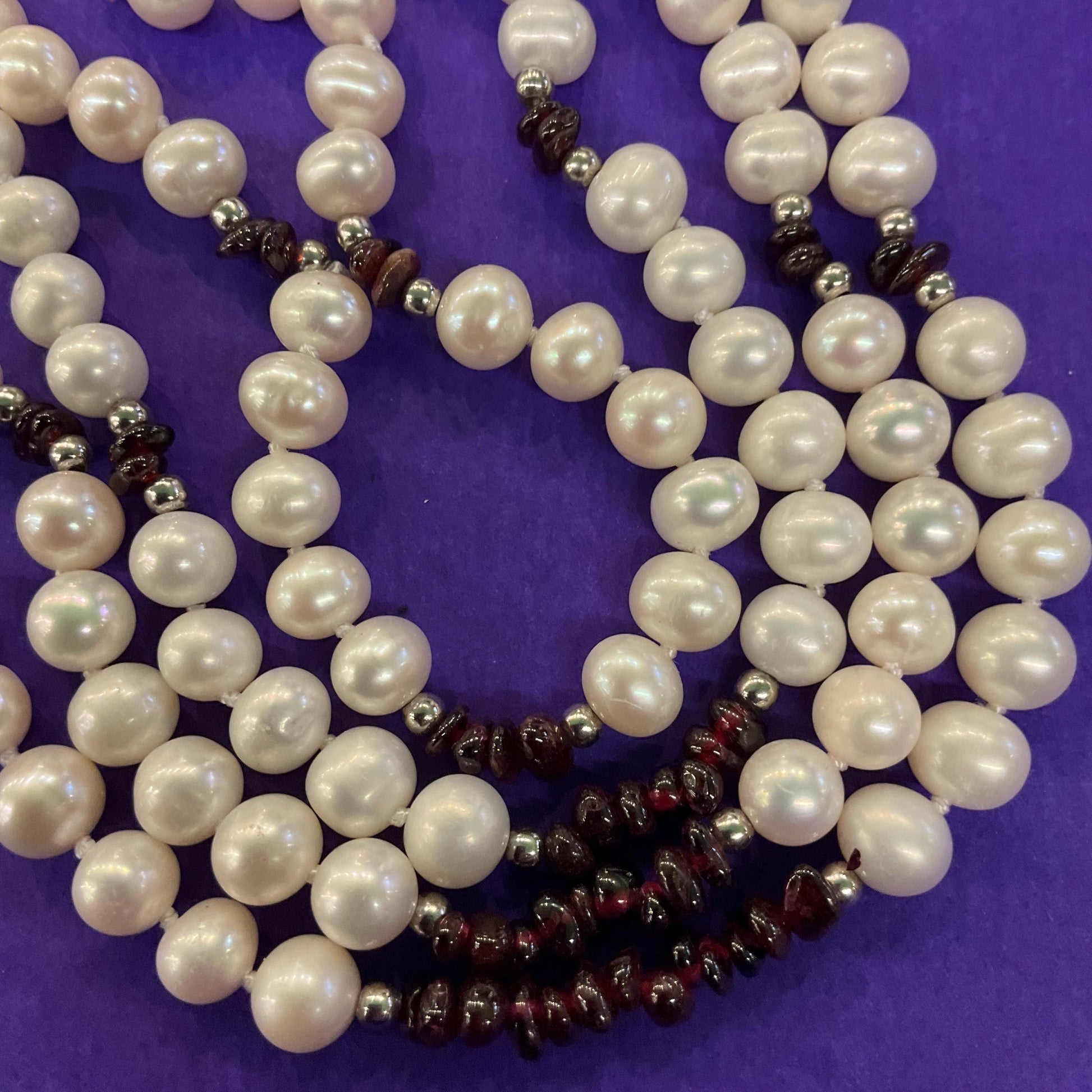Vintage Ivory Fresh Water And Garnet Multistrand Beaded Necklace, hand knotted organic pearls