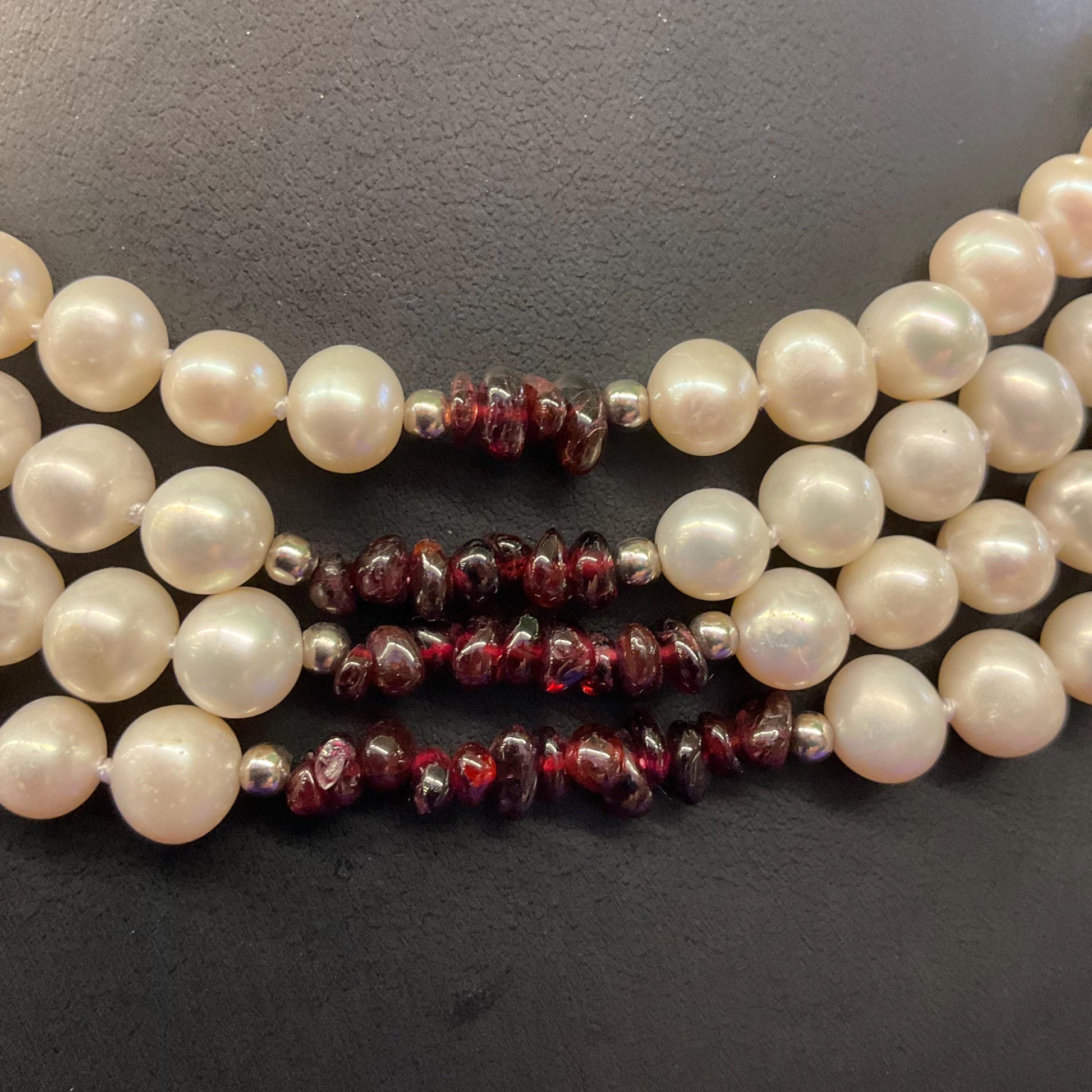 Vintage Ivory Fresh Water And Garnet Multistrand Beaded Necklace, hand knotted organic pearls