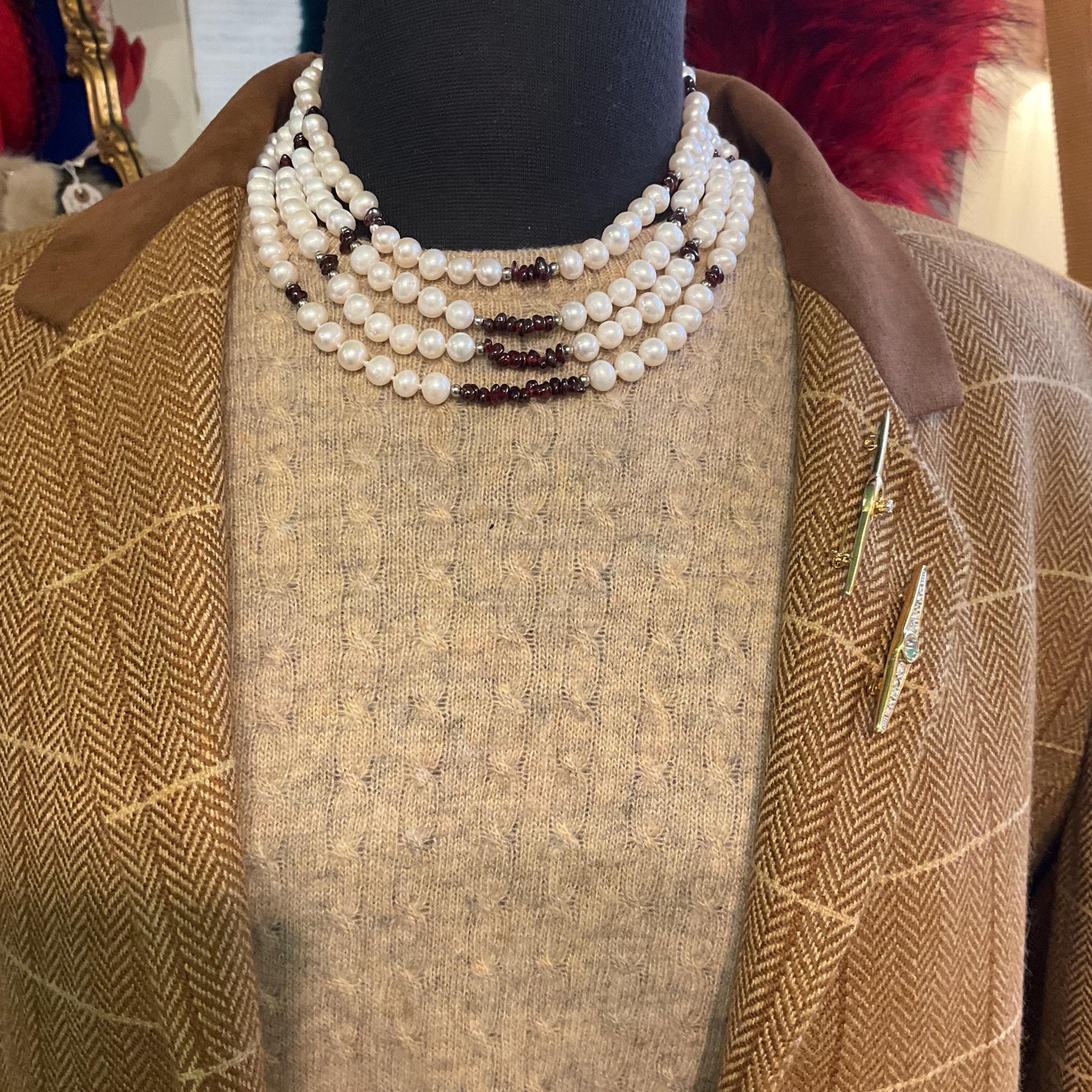 Vintage Ivory Fresh Water And Garnet Multistrand Beaded Necklace, hand knotted organic pearls