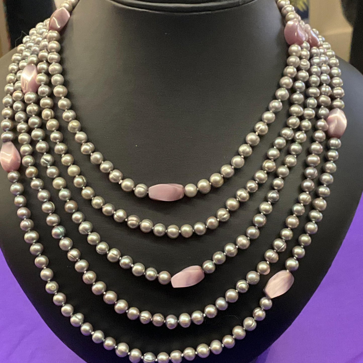 Vintage Statement Multistrand Fresh Water Organic Pearl and Milk Glass Necklace, Silver, plate pink and purple tones
