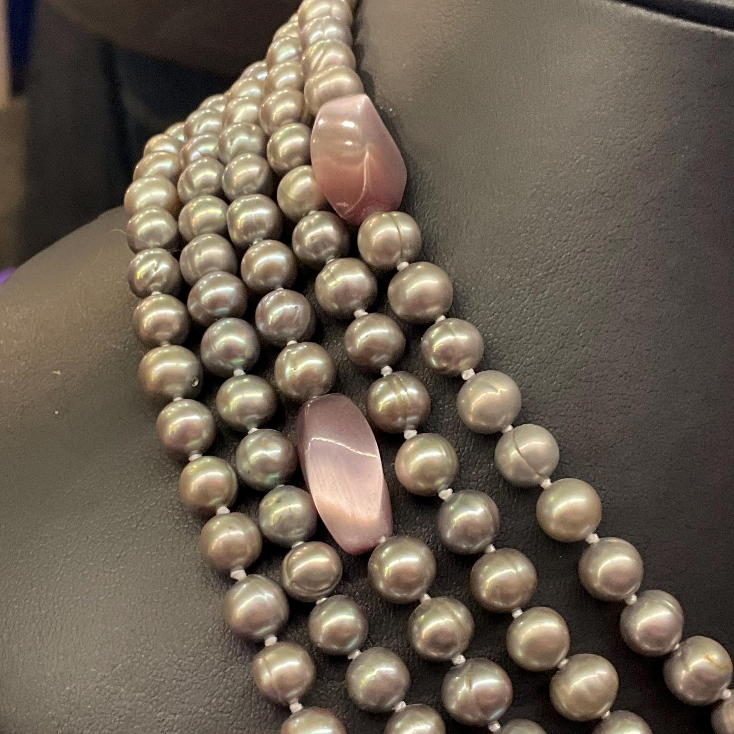 Vintage Statement Multistrand Fresh Water Organic Pearl and Milk Glass Necklace, Silver, plate pink and purple tones