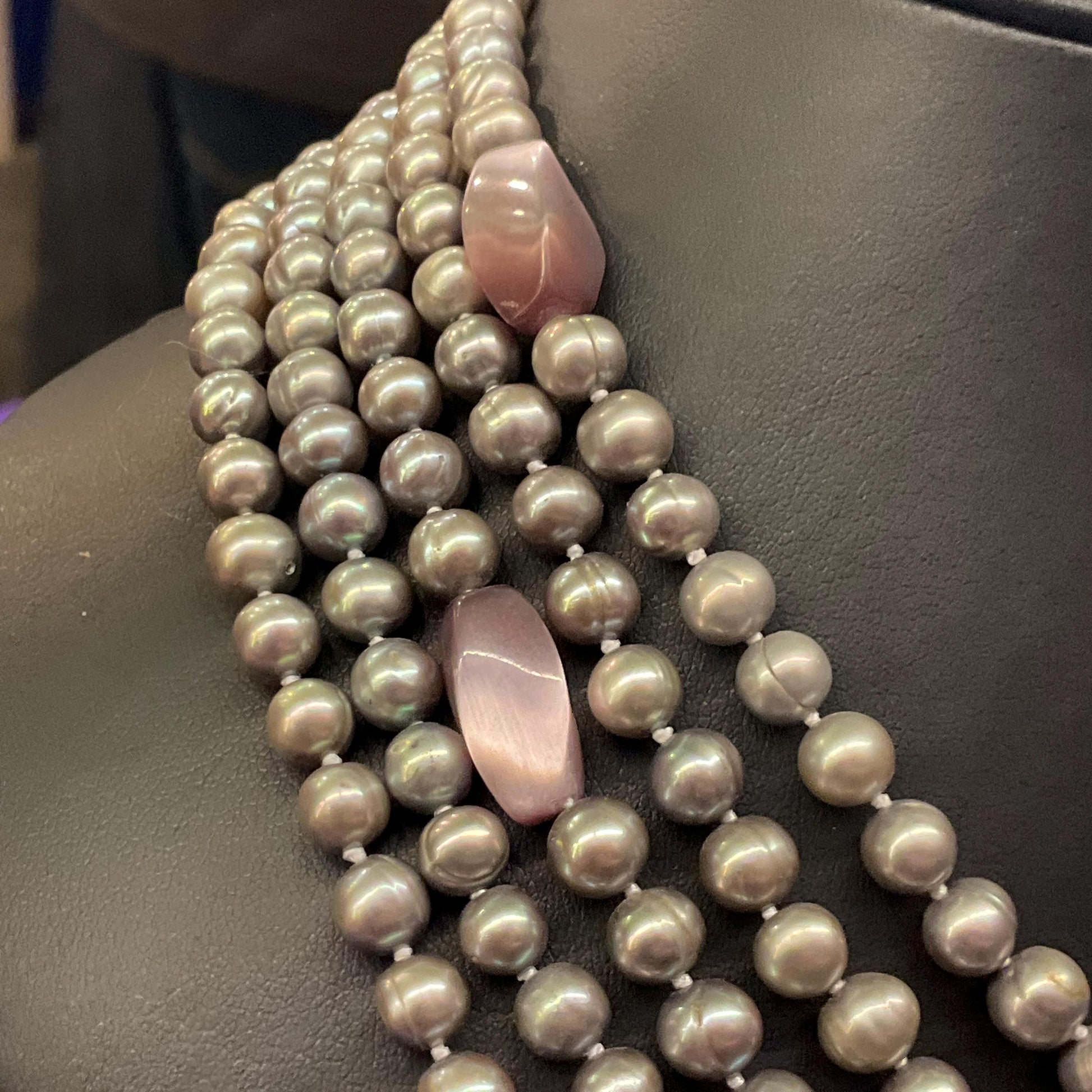 Vintage Statement Multistrand Fresh Water Organic Pearl and Milk Glass Necklace, Silver, plate pink and purple tones