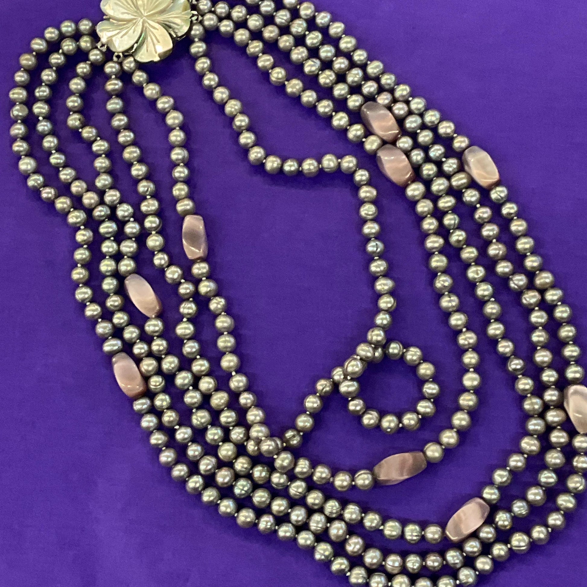 Vintage Statement Multistrand Fresh Water Organic Pearl and Milk Glass Necklace, Silver, plate pink and purple tones