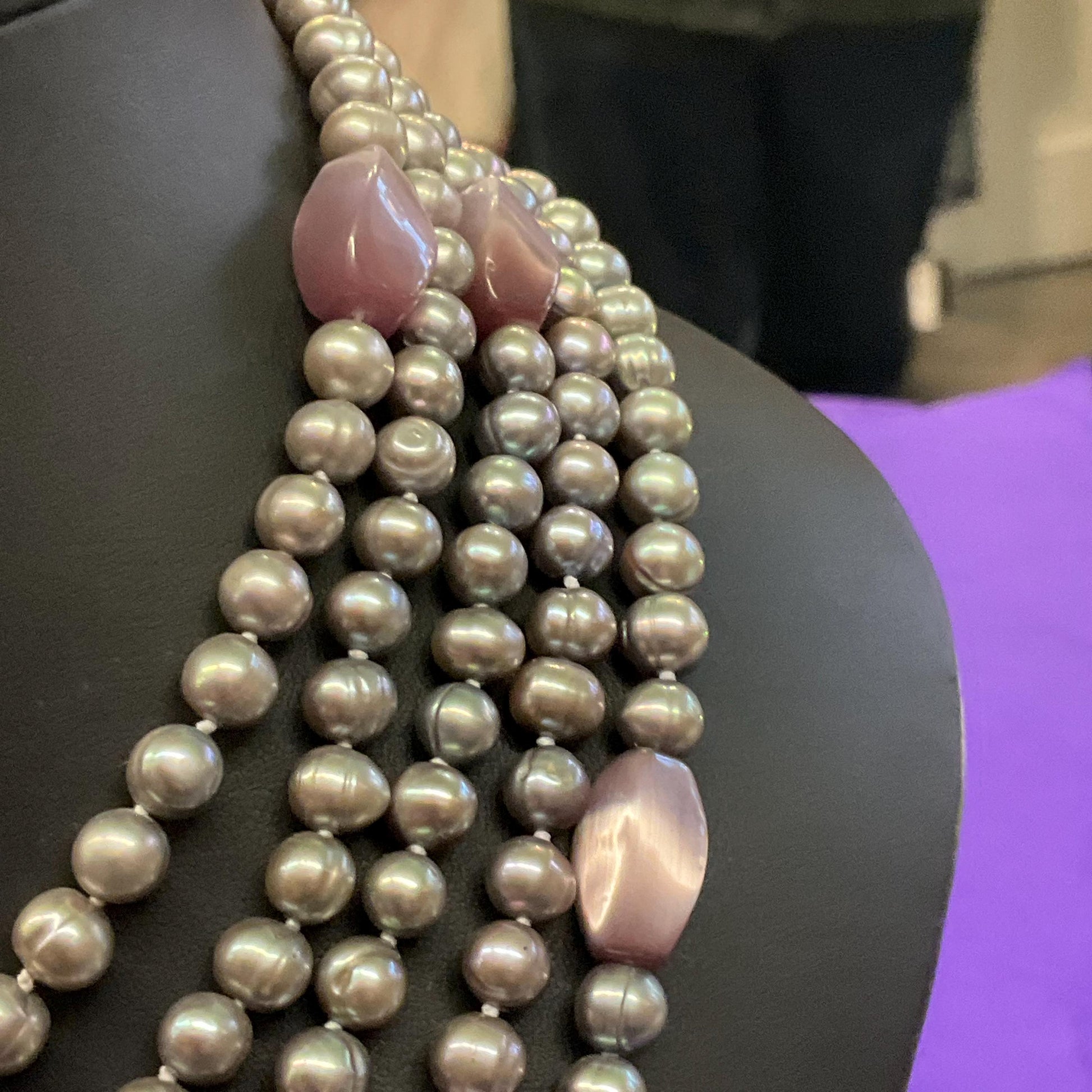 Vintage Statement Multistrand Fresh Water Organic Pearl and Milk Glass Necklace, Silver, plate pink and purple tones