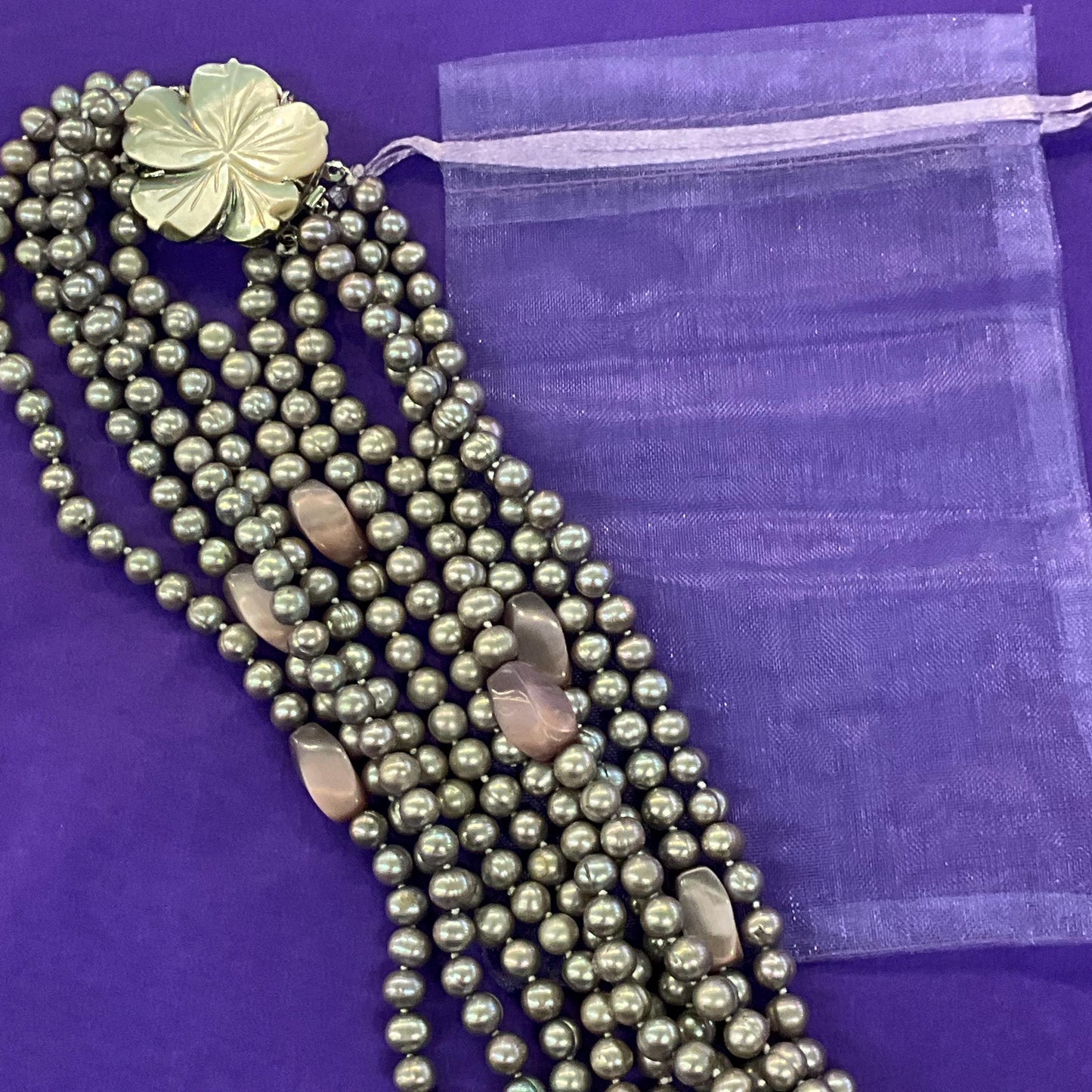 Vintage Statement Multistrand Fresh Water Organic Pearl and Milk Glass Necklace, Silver, plate pink and purple tones
