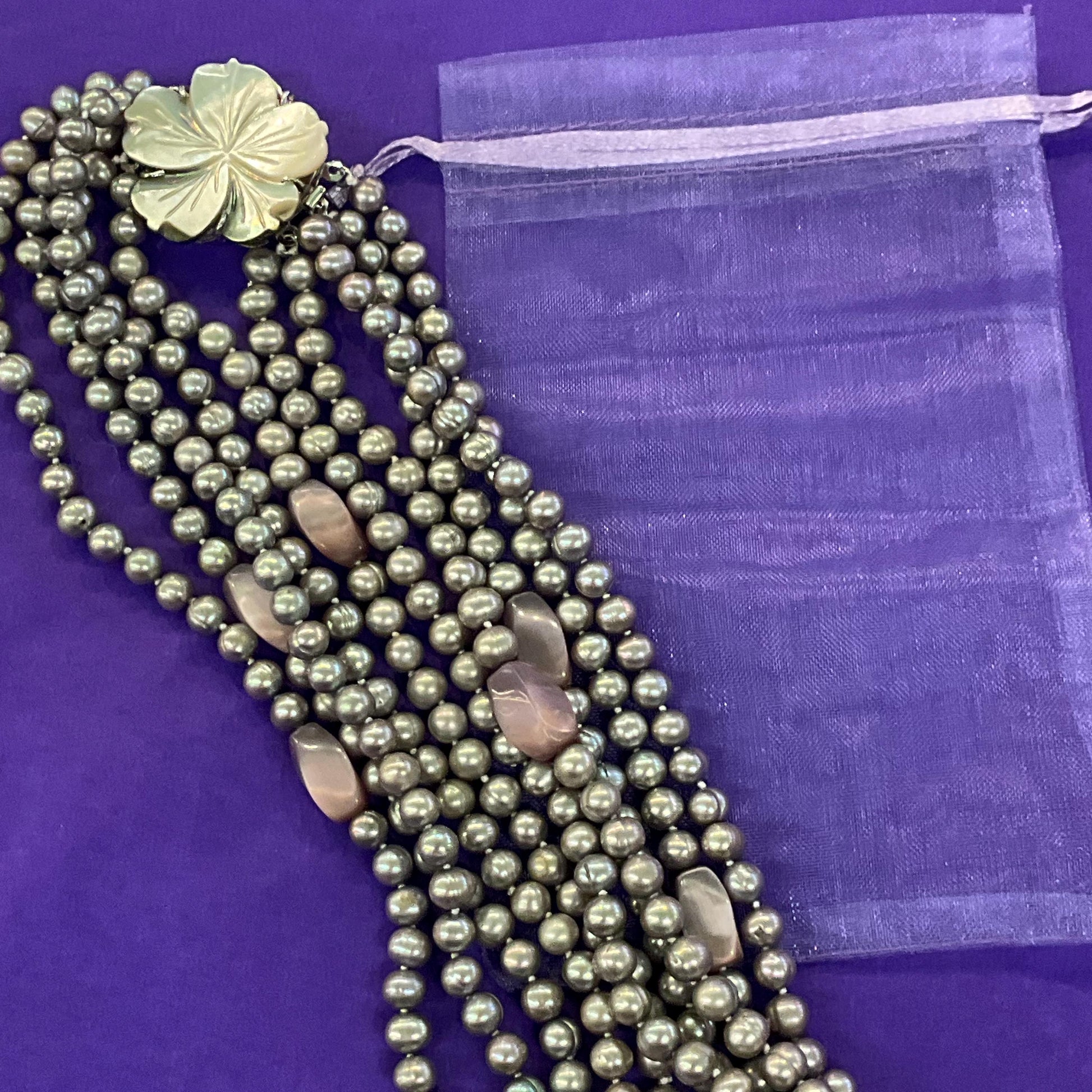 Vintage Statement Multistrand Fresh Water Organic Pearl and Milk Glass Necklace, Silver, plate pink and purple tones