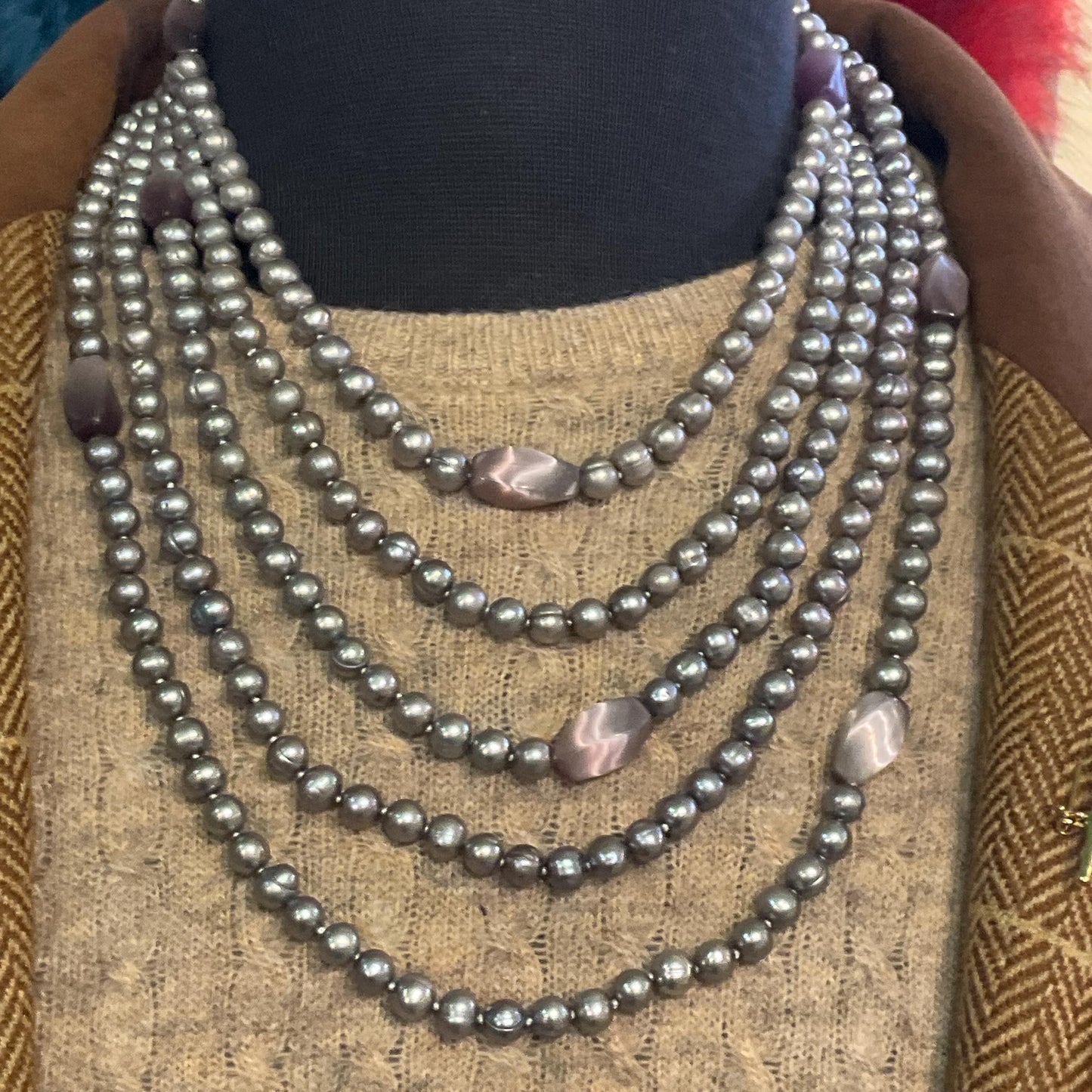 Vintage Statement Multistrand Fresh Water Organic Pearl and Milk Glass Necklace, Silver, plate pink and purple tones