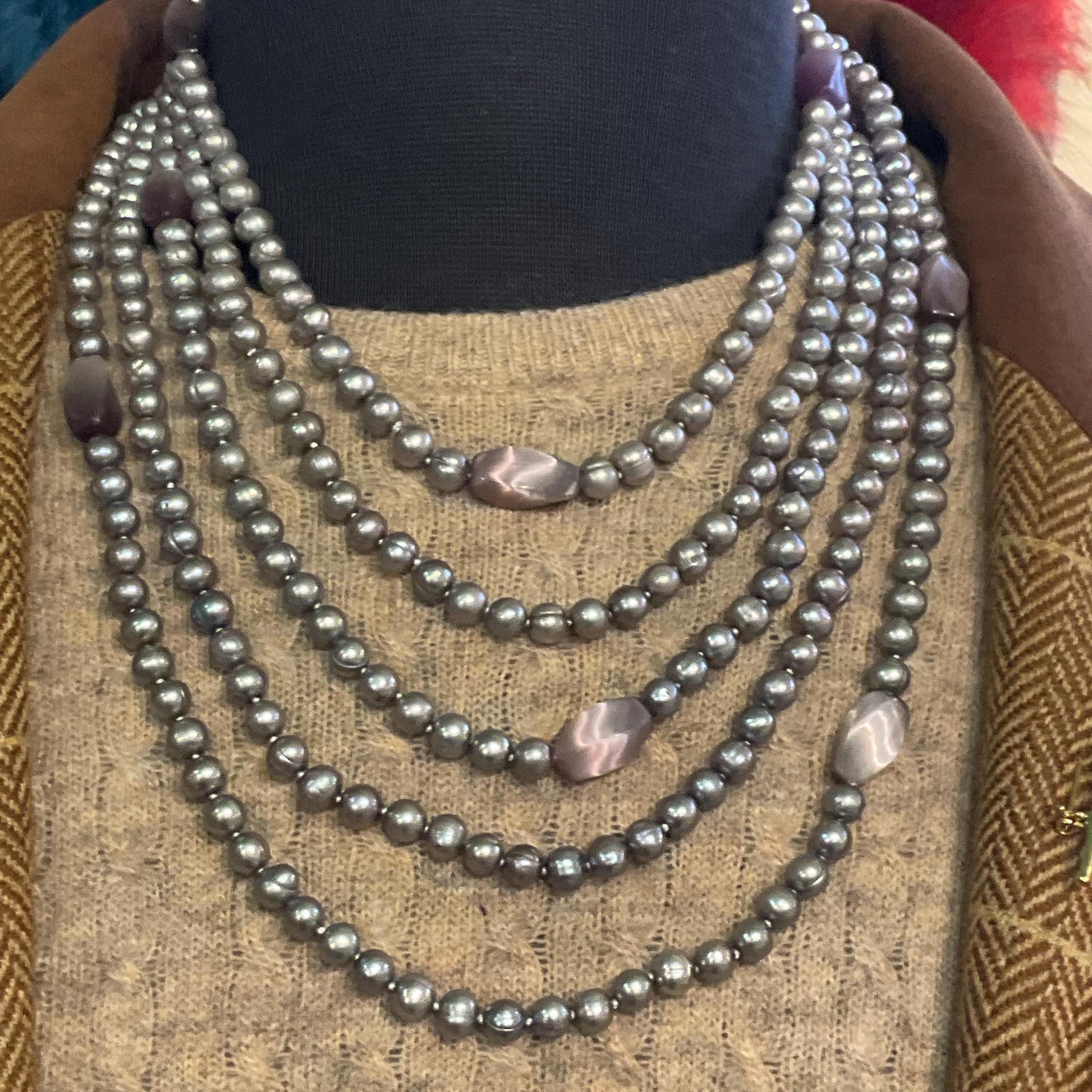 Vintage Statement Multistrand Fresh Water Organic Pearl and Milk Glass Necklace, Silver, plate pink and purple tones