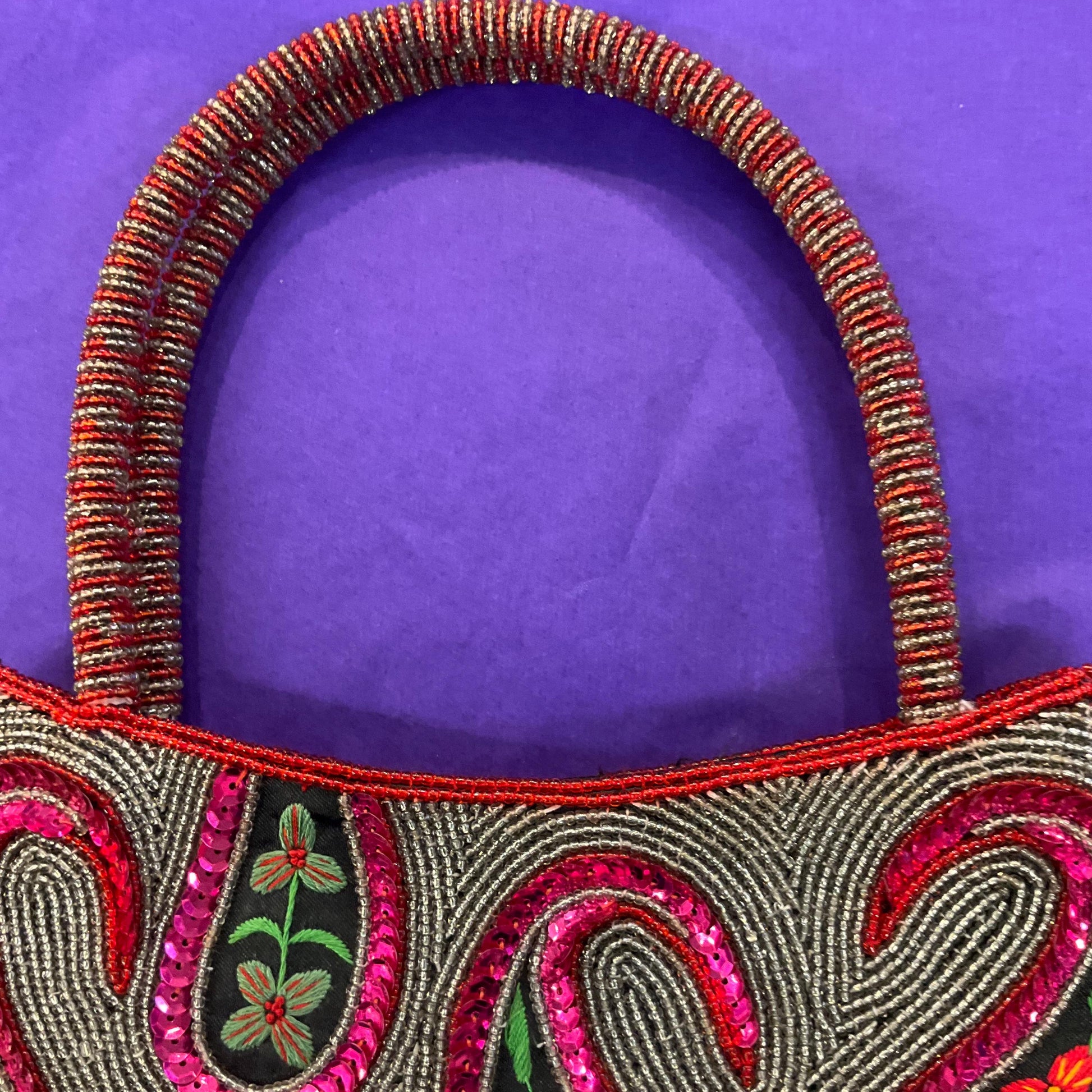 Vintage Large Beaded and Embroidered Floral Paisley Festival Chic Handbag, pink and silver decoration