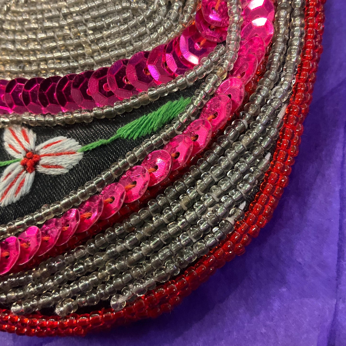 Vintage Large Beaded and Embroidered Floral Paisley Festival Chic Handbag, pink and silver decoration