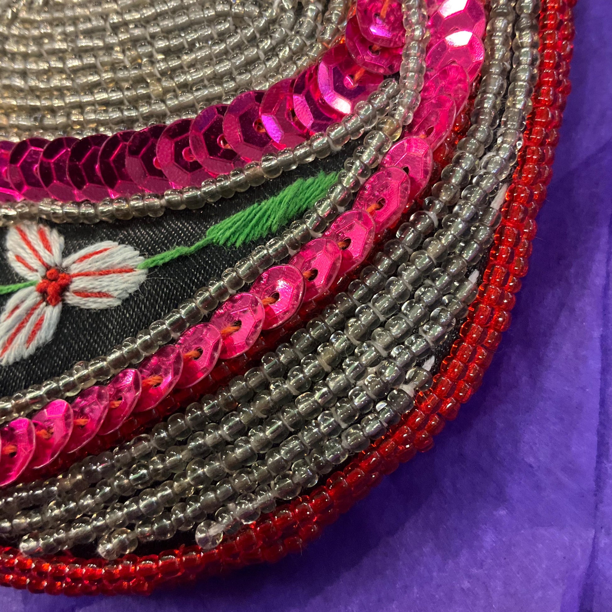 Vintage Large Beaded and Embroidered Floral Paisley Festival Chic Handbag, pink and silver decoration
