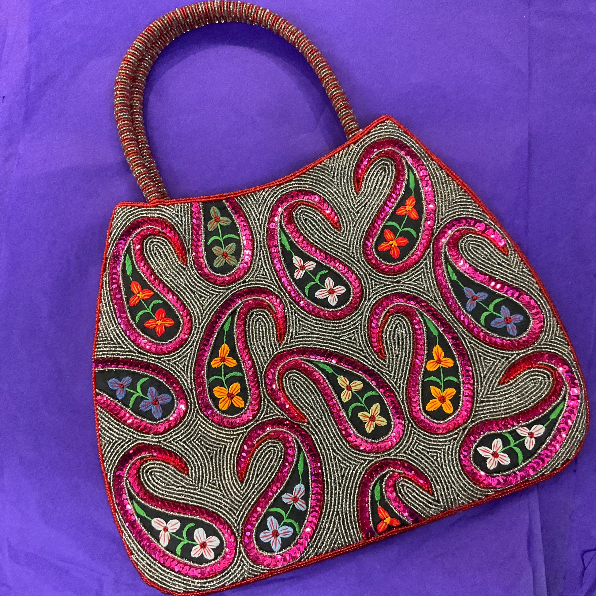 Vintage Large Beaded and Embroidered Floral Paisley Festival Chic Handbag, pink and silver decoration