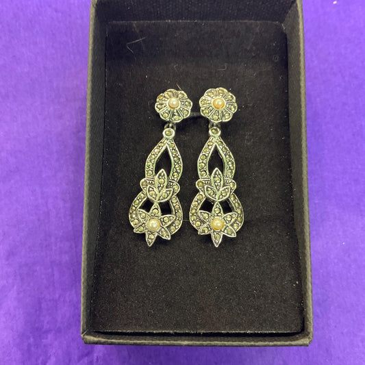 Vintage 1980s Art Deco Style Revival Silver , Marcasite and Faux Pearl Long Drop Earrings
