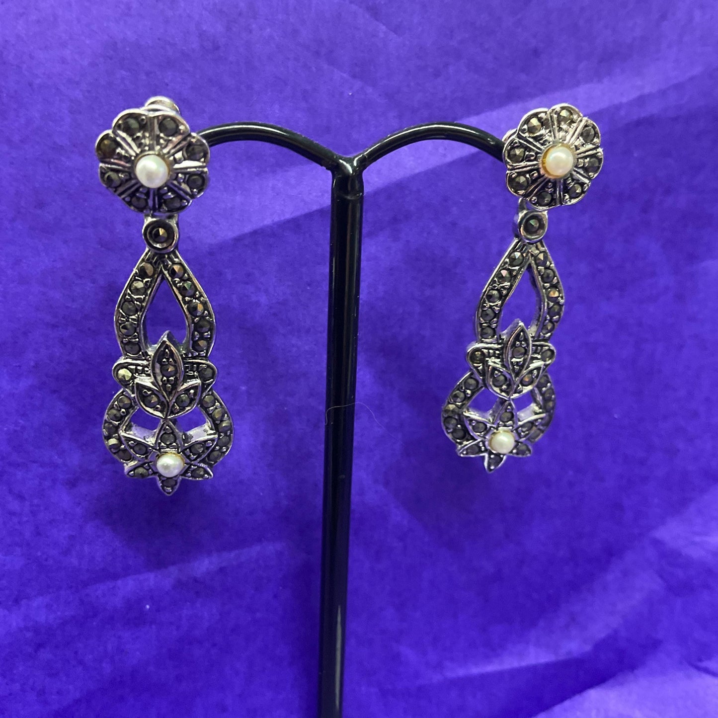 Vintage 1980s Art Deco Style Revival Silver , Marcasite and Faux Pearl Long Drop Earrings