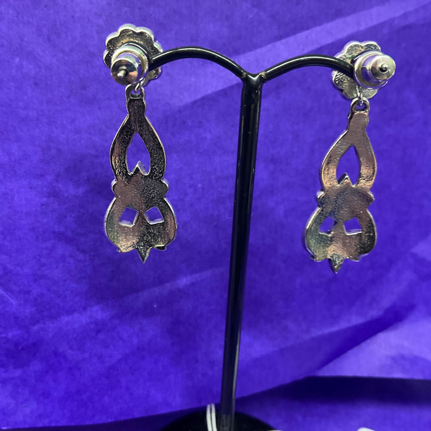 Vintage 1980s Art Deco Style Revival Silver , Marcasite and Faux Pearl Long Drop Earrings