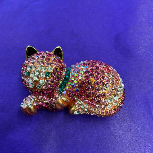Vintage Butler and Wilson Pink Crystal Cat Brooch, Ombré Pink and Silver Rhinestones