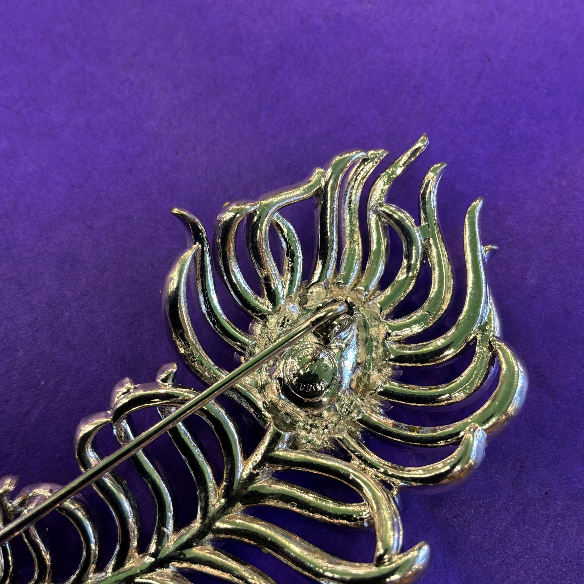 Vintage Butler and Wilson Large Silver Crystal Peacock Feather Brooch, Aurora Borealis Crystals and Rhinestones