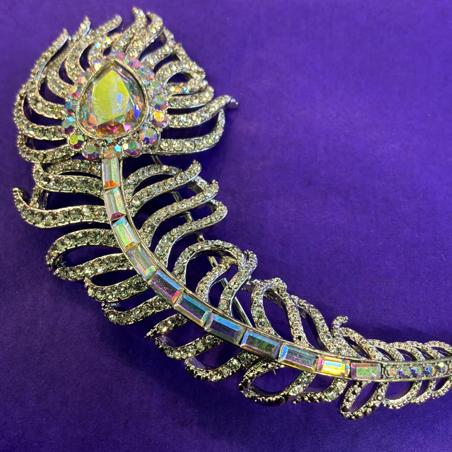 Vintage Butler and Wilson Large Silver Crystal Peacock Feather Brooch, Aurora Borealis Crystals and Rhinestones