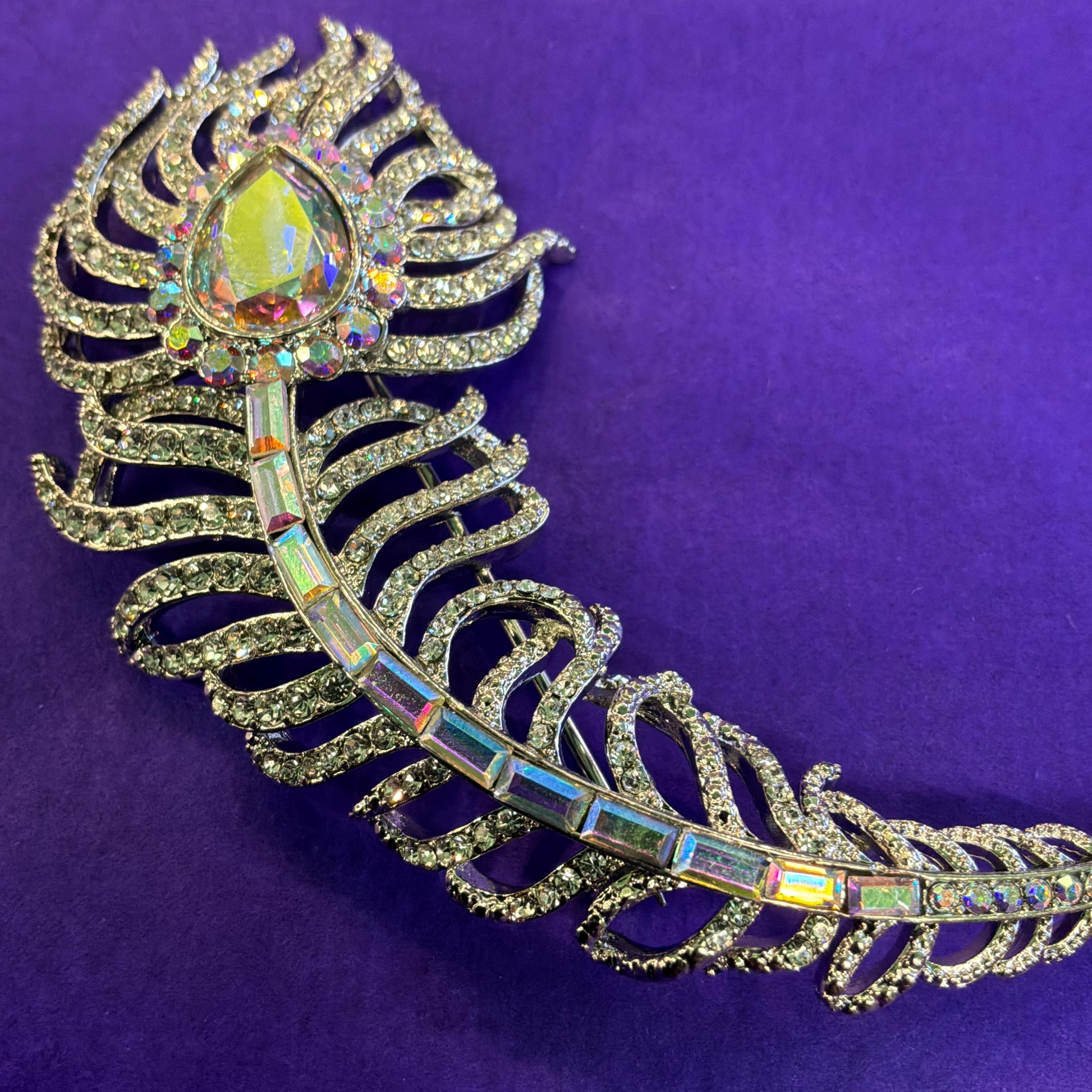 Vintage Butler and Wilson Large Silver Crystal Peacock Feather Brooch, Aurora Borealis Crystals and Rhinestones