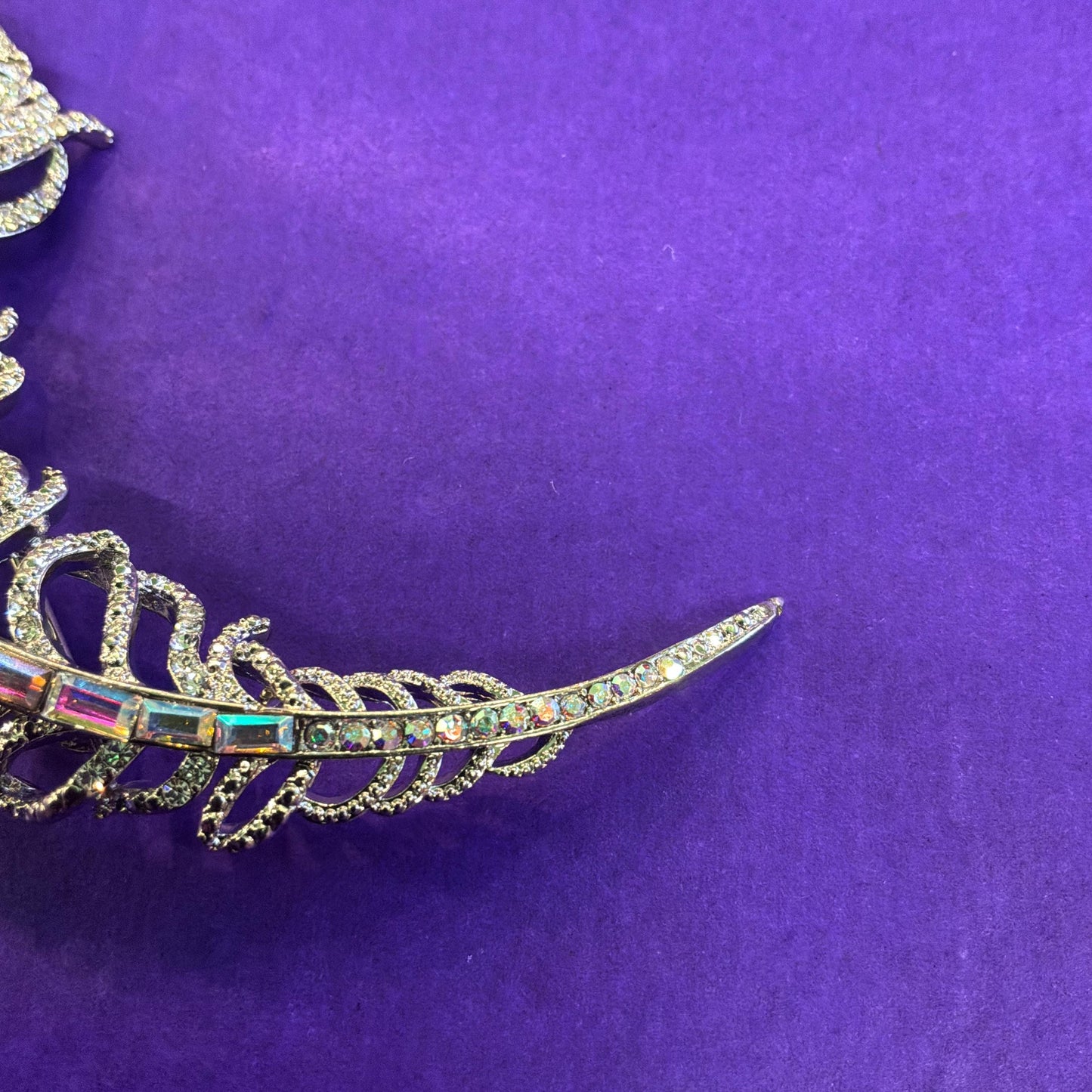 Vintage Butler and Wilson Large Silver Crystal Peacock Feather Brooch, Aurora Borealis Crystals and Rhinestones