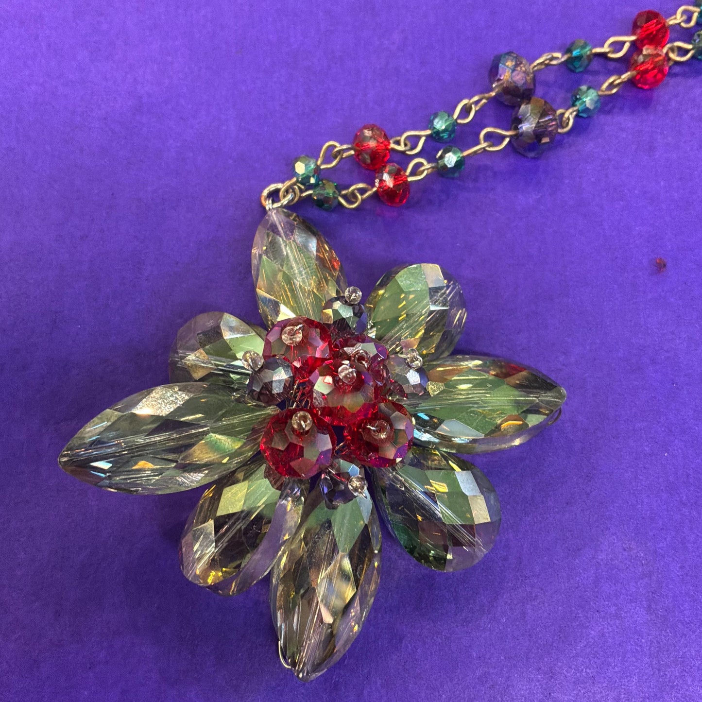 Vintage Butler and Wilson Floral Crystal Long Drop Pendant Necklace, Shades of Blue and Red
