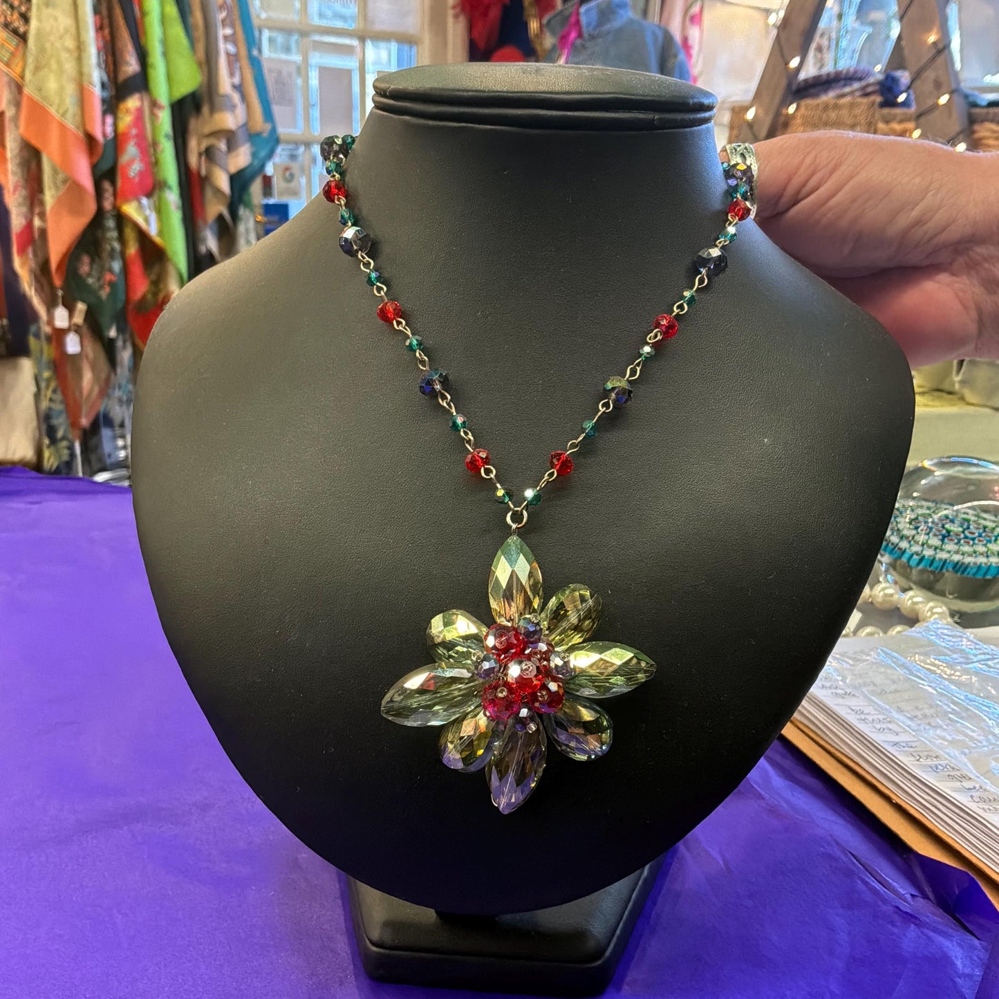 Vintage Butler and Wilson Floral Crystal Long Drop Pendant Necklace, Shades of Blue and Red