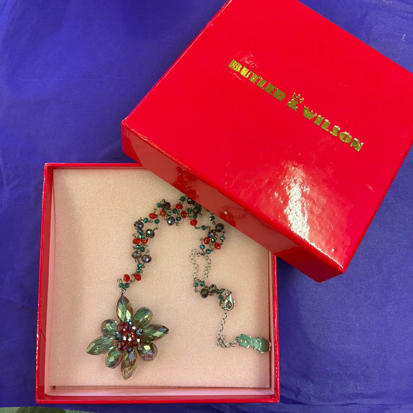 Vintage Butler and Wilson Floral Crystal Long Drop Pendant Necklace, Shades of Blue and Red