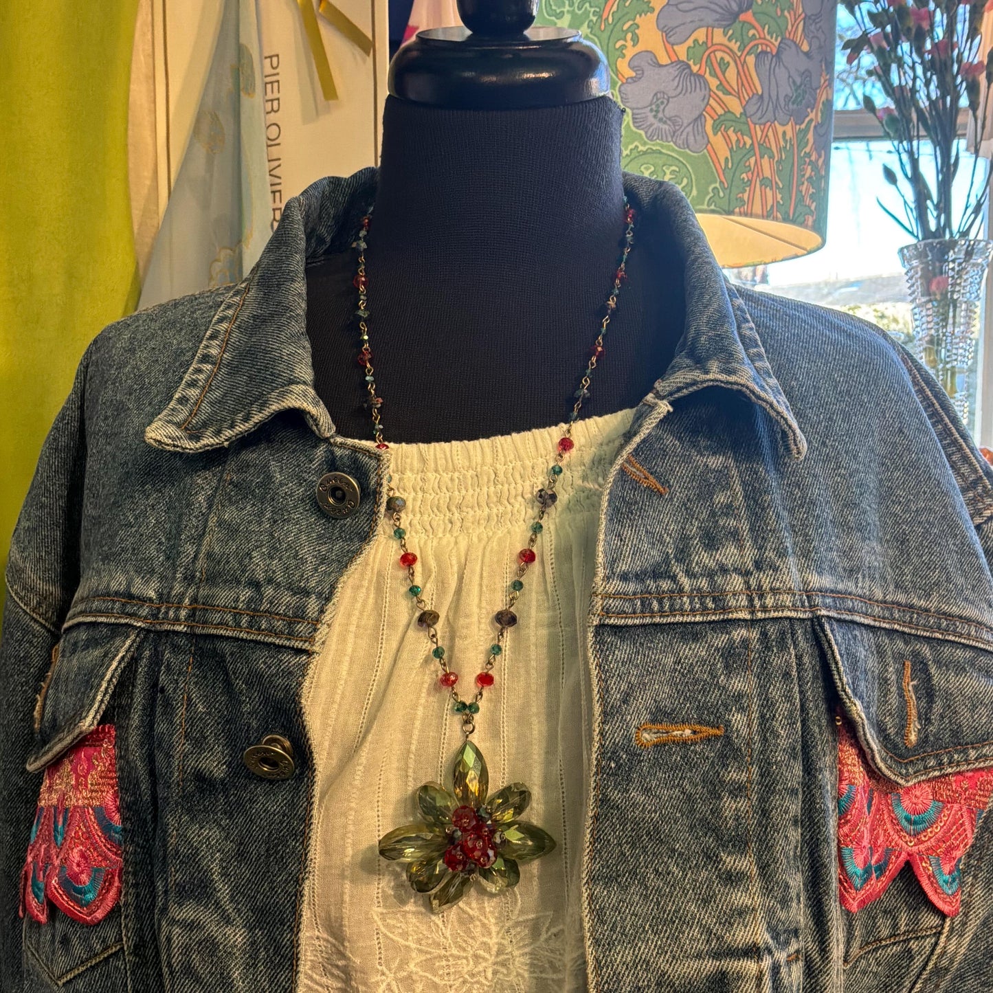 Vintage Butler and Wilson Floral Crystal Long Drop Pendant Necklace, Shades of Blue and Red