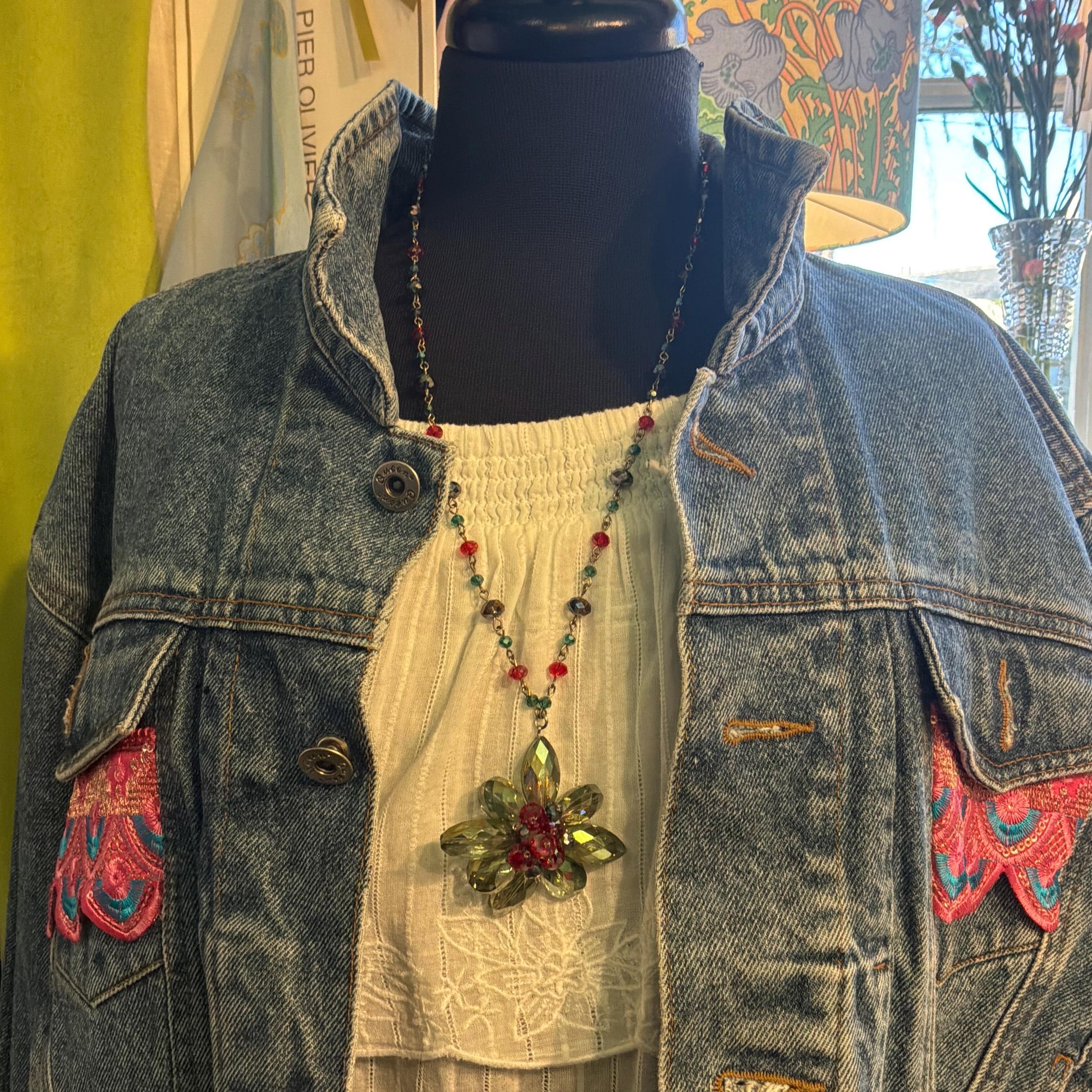 Vintage Butler and Wilson Floral Crystal Long Drop Pendant Necklace, Shades of Blue and Red