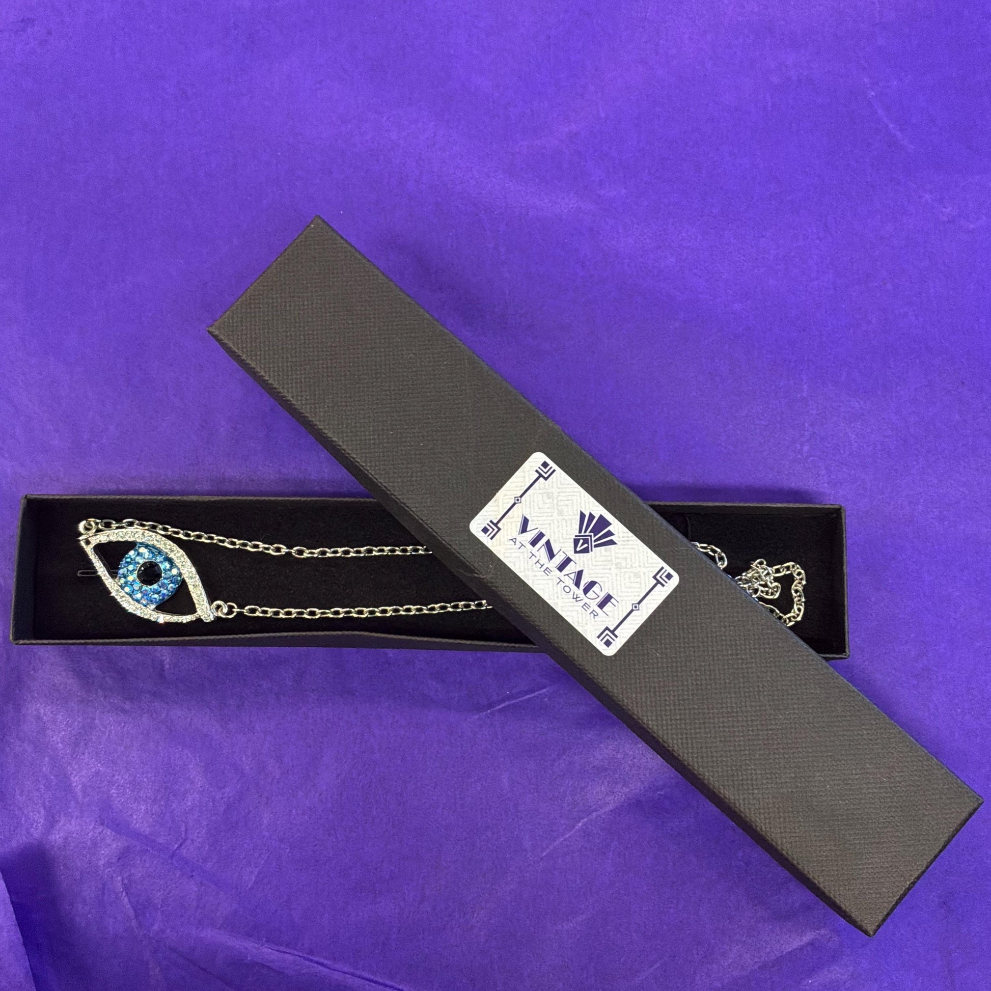 Vintage Butler and Wilson Crystal Eye Pendant, Silver Tone with Silver, Blue, and Black Crystals