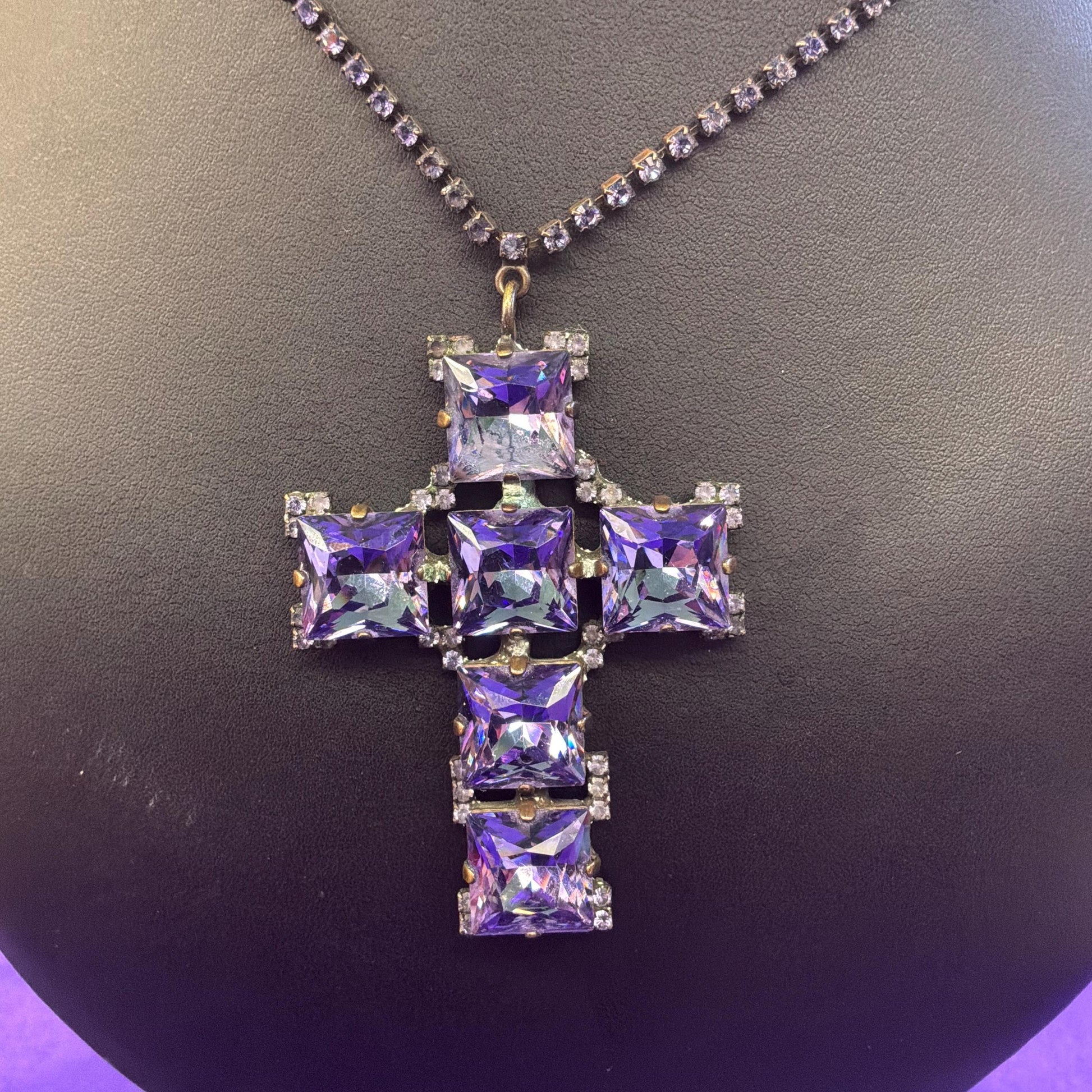 Vintage Butler and Wilson Purple Crystal Cross Pendant Necklace, Old Gold Tone, Signed in Original Box