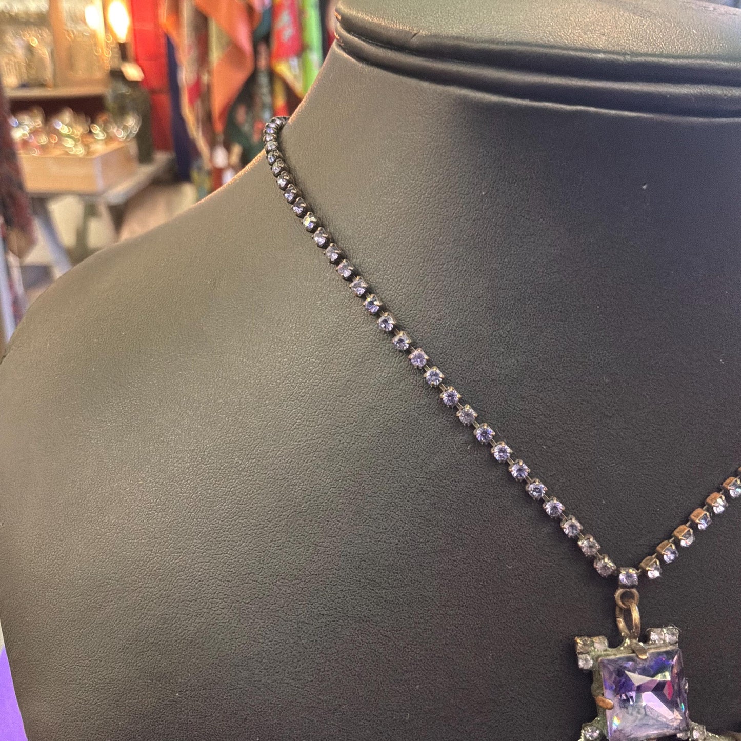 Vintage Butler and Wilson Purple Crystal Cross Pendant Necklace, Old Gold Tone, Signed in Original Box